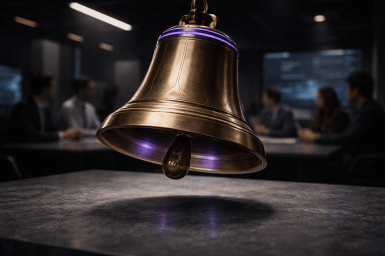 A photorealistic medium-wide cinematic shot, camera positioned approximately 1–2 meters from the subject, capturing a single real-world bronze church bell as the refined hero object — mid-swing, classic cast-bronze profile with subtle geometric faceting for a stylized yet physically plausible look, visible foundry texture, fine patina in recessed areas, and a braided leather clapper visible inside — clearly readable within a realistic environment. The bell is suspended a few centimeters above a matte gray soapstone tabletop (soft, mineral texture) and shows a slight natural motion blur at the rim to convey swinging. The object integrates subtle electric-purple accents (#7B63FF) as a thin inlaid ring near the crown and a faint internal rim glow that reads as functional/active lighting reflected realistically on the metal without dominating the scene. Set in an optimized real-world Tech‑Noir cockpit/war-room: a low-key corporate meeting space with dark matte walls, a long stone table, blurred diverse professionals in business-casual attire in the background engaged in discussion (neutral, candid postures), and out-of-focus monitors showing dashboard-like light without readable text. Visual style: cinematic photographic realism with subtle Tech‑Noir influence. Lighting: low-key practical lighting — soft integrated white spotlight from above and slightly to the side to sculpt form and texture, complemented by muted monitor glow and restrained purple rim accent reflections. Camera & framing: medium-wide composition, 35mm/50mm photographic look, camera at table height, subject centered slightly off-axis, natural shallow-to-medium depth of field to separate foreground object from background activity. Color palette: neutral corporate tones (charcoal, slate, warm bronze) with restrained electric-purple accents and cool monitor blues. Level of realism: photorealistic, tactile materials, ultra-detailed surface detail, subtle motion realism. Constraints: no text, no captions, no watermarks, no floating or exaggerated glowing logos, realistic human presence secondary to the bell. Cinematic realism, natural depth of field, premium materials, ultra-detailed, 8K.
