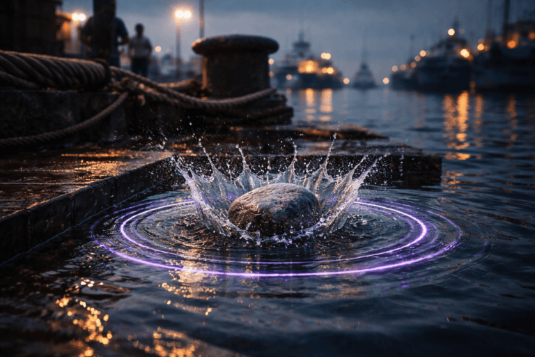 A photorealistic medium-wide cinematic shot, camera positioned approximately 1–2 meters from the subject, capturing a medium-sized natural granite stone (≈12–18 cm diameter) in mid-impact with a calm harbor water surface — crisp crown splash and clearly defined concentric ripple rings, textures of wet stone and water surface tension sharply readable at this distance — no logos. The object integrates subtle electric-purple accents (#7B63FF) tracing the outermost ripple edges and a faint rim-glow on the stone's wet surface to indicate intelligence/activity without overpowering realism. Set on a weathered wooden harbor pier at dusk, with heavy mooring bollards and ship mooring lines (naval capstans) in the midground and blurred industrial vessels and city lights on the horizon, the scene evokes a Tech‑Noir but fully real-world port environment: damp wood grain, rusted metal, puddles reflecting soft neon. Natural human presence in the background/periphery — two dock workers and a person in business-casual clothing reviewing a tablet near a bollard, diverse, candid postures, out-of-focus so they remain secondary. Lighting is low-key and practical: overhead pier lamp and distant ship lights create warm amber fill; a soft integrated white spotlight from above/side gently sculpts the stone and rim of the splash; subtle electric‑purple accent light is restrained and directional. Cinematic photographic realism, 35mm/50mm look, medium-wide framing, shallow-to-medium depth of field with natural bokeh on background vessels, ultra-detailed water micro‑detail, realistic material rendering (wet wood, salt‑textured metal, porous granite), muted corporate-neutral palette with restrained neon accents, premium materials, grain-free, photoreal 8K. Camera settings: natural motion-freeze at high shutter to capture splash detail, slight low-angle to emphasize ripple geometry. Constraints: no text, no captions, no overlays, no watermarks, no floating or dominant logos, no surreal or impossible physics.