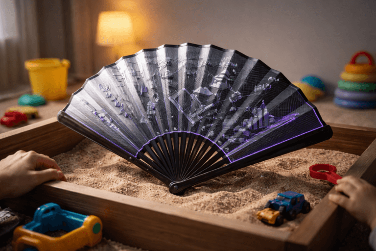 A photorealistic medium-wide cinematic shot, camera positioned approximately 1–2 meters from the subject, capturing a handcrafted folding hand fan (real-world physical object) opened mid-span, its pleated panels revealing a refined, non-textual isometric 3D data-pattern — embossed micro-tiles, miniature isometric bar and line motifs, and interconnected node accents (clearly readable at 1–2 m, no legible text) — clearly readable within a realistic environment. The object integrates subtle electric-purple accents (#7B63FF) along select ribs and pattern edges indicating intelligence or activity without overpowering realism. Set in an indoor children's sandbox (wooden sandbox box) placed in a lived-in playroom: fine sand texture, scattered colorful toys (plastic bucket, shovel, toy truck, stacking rings) around the box, a soft neutral gradient wall behind the scene to preserve minimalism, and human presence limited to hands at the periphery (a caregiver's adult hand and a child's small hand, no faces visible), secondary to the main object. Lighting is low-key and practical — warm window fill from the left, a small practical lamp near the sandbox, and a soft integrated white spotlight from above/side gently revealing form, texture and depth; add a barely perceptible purple rim-light from the pattern for Tech‑Noir expression. Cinematic photographic realism with subtle Tech‑Noir influence, neutral corporate tones with restrained neon accents, medium-wide framing with a 35mm/50mm photographic look, shallow-to-medium depth of field (fan sharply in focus, toys and hands softly defocused), premium materials, ultra-detailed surface textures (wood grain, sand granularity, matte paint), photorealistic, 8K. No text overlays, no captions, no watermarks.