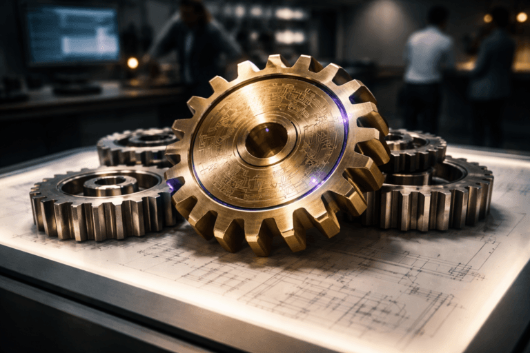 A photorealistic medium-wide cinematic shot, camera positioned approximately 1–2 meters from the subject, capturing a physically plausible, dominant master mechanical gear crafted from polished brushed gold (gilded brass appearance) meshing with multiple machined steel gears of varying sizes — the master gear is the clear focal point, highly detailed with visible machining marks and a subtle engraved circuit-pattern on its face, readable from 1–2 meters. The object integrates subtle electric-purple accents (#7B63FF) as thin edge-lighting along select gear teeth and a small, tasteful status LED inset, indicating intelligence or activity without overpowering realism. Set in a contemporary Tech-Noir design studio / corporate product workshop: the gears rest on a glowing artist’s lightbox drafting table with technical sketches and assembly notes visible beneath frosted glass, surrounded by matte concrete and dark metal furnishings, a softly glowing monitor with an indistinct analytics dashboard (intentionally blurred, no legible text), and two diverse professionals in business-casual clothing in the background, candid and out of focus to suggest human workflow. Lighting is low-key and practical: the lightbox provides a warm neutral-white underlight, a soft integrated white spotlight from the side slightly above reveals texture and depth, and subtle cool monitor glow and restrained purple rim light reinforce the Tech-Noir mood. Composition: slightly elevated (~10–15° top-down) to hint at an isometric arrangement while remaining photorealistic, medium-wide framing, 35mm photographic look, aperture ~f/2.8 for shallow-to-medium depth of field — master gear tack-sharp, surrounding gears and hands softly softer, background people in pleasing bokeh. Materials and finish: premium metals, realistic specular highlights, fine surface imperfections, ultra-detailed textures. Mood and palette: neutral corporate tones (grays, blacks, warm metal) with restrained neon accents and the primary accent color electric purple #7B63FF used sparingly. Style: cinematic photographic realism with subtle Tech-Noir influence, no surreal floating elements, no exaggerated glow. Constraints: no text, no captions, no UI overlays, no watermarks, no floating or oversized logos, avoid stylized illustrative fonts or typography. Cinematic realism, natural depth of field, premium materials, ultra-detailed, 8K.