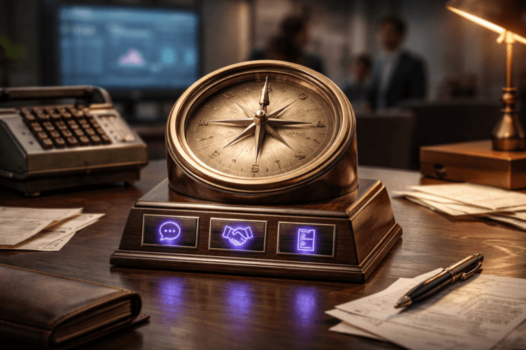 A photorealistic medium-wide cinematic shot, camera positioned approximately 1–2 meters from the subject, capturing a refined, real-world hero object: a handcrafted desk compass sculpture representing Soft Skills — polished brass compass dial (≈12 cm diameter) set into a dark walnut stepped base with three recessed metal inlays engraved with simple, universally readable pictograms (speech bubble, handshake, checklist), each inlay filled with a subtle electric-purple resin that emits a restrained, realistic LED-like glow (suggesting intelligence/activity) without floating or excessive luminosity. The sculpture is tactile, instantly recognizable from 1–2 meters, and sits prominently on an accountant’s desk: vintage mechanical calculator (old adding machine) to the left, leather ledger and a brass fountain pen, scattered receipt slips and a modest desk lamp. Set in a lived-in corporate finance operations room with blurred wall-mounted dashboards and a large monitor showing indistinct performance charts in the background; a small, diverse group of professionals appears candidly in the peripheral background, neutral expressions, secondary to the object. Visual style: cinematic photographic realism with subtle Tech‑Noir influence — low-key ambient, practical light sources (warm desk lamp, cool monitor glow), soft integrated white spotlight from above/side gently modeling form and texture, and restrained electric‑purple #7B63FF accents woven into the sculpture and reflected softly on nearby surfaces. Color palette: neutral corporate tones (walnut, matte brass, slate gray, desaturated blue) with controlled neon accent in electric purple; materials show high-fidelity detail (brass patina, wood grain, aged leather, metal engravings). Camera/framing: medium-wide composition, 35mm‑equivalent 50mm photographic look, shallow-to-medium depth of field (focus plane on compass sculpture, background softly defocused), natural perspective, 1.5m approximate distance, f/2.8 shallow bokeh. Realism level: photorealistic, production-ready, premium materials, ultra-detailed surface microtextures and specular highlights. Constraints: no text overlays, no captions, no visible logos, no watermarks, no floating or exaggerated glow elements. Cinematic realism, natural depth of field, premium materials, ultra-detailed, 8K.