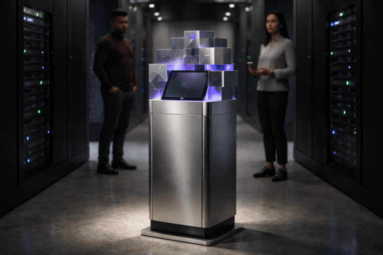 A photorealistic medium-wide cinematic shot, camera positioned approximately 1–2 meters from the subject, capturing a refined real-world hero object: a physical lead-generation console — a freestanding, 60 cm tall polished-aluminum pedestal topped by an isometric-inspired sculpture of interlocking translucent acrylic blocks and brushed-steel plates that form a readable, single focal unit (no text). The sculpture houses an embedded matte touchscreen on its front face and discrete status LEDs along the block edges; materials show accurate reflections, micro-scratches, and tactile seams so the object reads as a tangible device. The object integrates subtle electric-purple accents (#7B63FF) as internal edge lighting and tiny status indicators suggesting intelligence and activity, balanced with neutral corporate tones and restrained neon highlights. Set in a cold data-center aisle flanked by matte-black server racks with soft rack-LEDs and cable management visible, with two diverse technicians in the background — candid, professional, neutral expressions — not competing with the hero object. Lighting is low-key and practical: cool white rack LEDs, warm cabinet work-lights in the distance, and a soft integrated white spotlight from above and slightly to the side that sculpts form and texture on the console. Camera: medium-wide frame with a 35mm cinematic look, natural shallow-to-medium depth of field that keeps the console sharp and gently blurs the aisle, slight filmic vignetting, high dynamic range capturing specular highlights on metal and subtle subsurface glow in acrylic. Visual style: cinematic photographic realism with subtle Tech‑Noir influence, premium materials, realistic human scale, ultra-detailed surface textures, volumetric atmosphere (cool air, faint rack haze), photoreal 8K. Constraints: no visible text, no captions, no logos floating or dominating, no watermarks, no illustrative flatness — render as a believable physical product photograph suitable for high-end SaaS marketing.