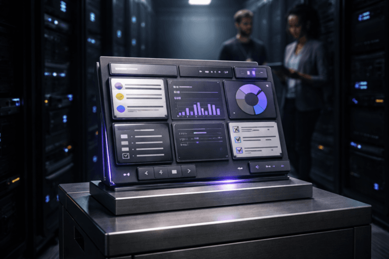 A photorealistic medium-wide cinematic shot, camera positioned approximately 1–2 meters from the subject, capturing a refined real-world hero object: a physical isometric "project management dashboard" sculpture — a tactile, desktop-scale sculpture made of interlocking anodized-aluminum and matte polymer blocks arranged in an isometric grid, with engraved interface icons and a small embedded non-readable OLED status panel (no text), mounted on a low industrial steel pedestal so the form is instantly readable at 1–2 meters. The object integrates subtle electric-purple accents (#7B63FF) as thin LED edge trims and small status indicators to imply intelligence/activity without overpowering realism. Set in a cold, lived-in Tech‑Noir data-center corridor lined with black server racks, floor cable trays and anti‑static flooring, with two diverse IT technicians in the background (natural, candid poses, faces blurred slightly to remain secondary). Lighting is low-key and practical — cool blue rack LEDs and a warm tablet glow in the distance, complemented by a soft integrated white spotlight from above at a slight side angle that gently reveals form, texture, and metallic reflections. Color palette: neutral corporate grays and blacks with restrained neon accents, primary accent electric purple #7B63FF. Camera: 35mm photographic look, medium-wide framing, shallow-to-medium depth of field, subtle bokeh on background racks, natural perspective, ultra-detailed surface textures (brushed metal, matte polymer, OLED glass). Cinematic realism, premium materials, ultra-detailed, 8K. Constraints: no visible text or captions on the sculpture or screen, no watermarks, no floating or unrealistic logos.
