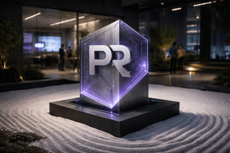 A photorealistic medium-wide cinematic shot, camera positioned approximately 1–2 meters from the subject, capturing a polished 3D physical sculpture of the PR brand logo, designed as an isometric glass-and-brushed-metal monolith emerging from a low black pedestal set into a white sand zen garden, the PR logo clearly visible on the front face, with discreet etched interface lines, tiny node icons and dashboard-like inlays suggesting connected PR workflows, media CRM, monitoring and analytics. The object integrates subtle electric-purple (#7B63FF) edge lighting and internal glow along the engraved circuits, indicating intelligence and activity without overpowering the realistic materials. Set in an indoor corporate atrium reimagined as a modern zen garden at night, with meticulously raked white sand in flowing wave patterns, dark concrete and glass walls, a distant glass partition revealing a softly lit PR operations office with large wall screens showing abstract, unfocused dashboard visuals, and a few diverse professionals in business-casual attire moving and collaborating in the background, slightly out of focus; hints of a city skyline and neon reflections are visible through tall windows, infusing a subtle Tech-Noir mood. Lighting is low-key and practical, coming from recessed ceiling strips, floor-level accent lights and the cool glow of office screens, complemented by a soft integrated white spotlight from above and to the side of the PR logo sculpture, gently revealing form, texture and depth on the metal and glass surfaces and casting clean shadows across the raked sand. Cinematic realism, natural shallow-to-medium depth of field with the PR logo sculpture as the crisp hero, neutral corporate tones with restrained electric-purple and cool blue neon accents, premium materials, ultra-detailed, 8K, shot on a full-frame camera with a 35mm lens, no captions, no text overlays, no watermarks.