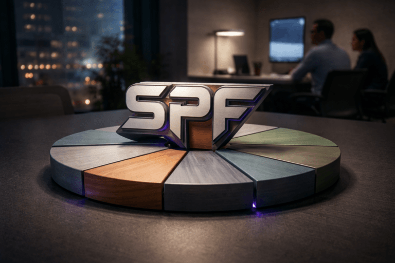 A photorealistic medium-wide cinematic shot, camera positioned approximately 1–2 meters from the subject, capturing a three-dimensional isometric physical logo emblem reading "SPF" as the refined real-world hero object, including realistic logo treatment integrated into the sculpture and clearly readable from 1–2 m. The emblem is a polished hybrid of CNC-cut matte metal and lacquered wood, mounted flush at the center of a tactile painted wooden pie-chart (individual wooden segments, hand-painted in muted corporate tones, slightly raised edges, visible grain and brush texture) sitting on a matte charcoal conference table. The SPF emblem is the single dominant focal point, physically anchored to the pie-chart (no floating or oversized glow), with subtle electric purple #7B63FF accents recessed into seams and light channels to indicate activity without overpowering realism. Set in a modern tech analytics room with a Tech‑Noir mood: low-key ambient environment, a slim desk lamp and a vertical monitor emitting soft practical light in the midground, floor-to-ceiling window with deep city bokeh at dusk, and a minimalist concrete and glass backdrop. Natural human presence: two diverse professionals in the background, candid and neutral, slightly out of focus and secondary to the object. Lighting is low-key and practical, complemented by a soft integrated white spotlight from above-left that gently sculpts form, plus a restrained purple rim light for accent and subtle reflections on metal and lacquer. Camera details: 35mm photographic look, medium-wide framing, shallow-to-medium depth of field with the logo and pie-chart in crisp focus and background softly blurred. Color palette: neutral corporate tones (charcoal, warm wood, brushed silver) with restrained electric-purple #7B63FF accents. Level of realism: cinematic photographic realism with subtle Tech‑Noir influence, premium materials, ultra-detailed textures (wood grain, metal machining marks, paint micro-imperfections), realistic scale and shadows. Constraints: no captions, no text overlays, no watermarks, no floating logos, no excessive glow, photorealistic, ultra-detailed, 8K.