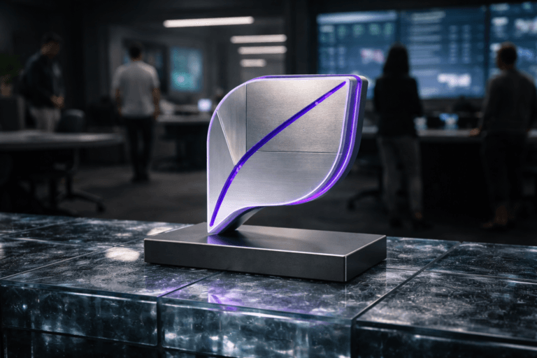 A photorealistic medium-wide cinematic shot, camera positioned approximately 1–2 meters from the subject, capturing a refined real-world hero object: a physical 3D isometric Sprout Social logo sculpture (official logo accurately reproduced and embedded on the object) clearly readable within a realistic environment. The sculpture is a tactile, isometric emblem ~35–45 cm wide, crafted from matte brushed aluminum and frosted translucent resin, mounted on a low rectangular base; the logo surface includes subtle integrated electric-purple accents (#7B63FF) as thin rim lights and fine “data-line” inlays that pulse gently to indicate intelligence/activity without glowing or floating, realistic material reflections and micro-texture visible at close range. Set on a continuous tabletop made from fused translucent glass bricks (polished faces, soft internal refractions), placed in a modern corporate Tech‑Noir social care command room: dark polished concrete floor, muted ergonomic furniture, large wall screens and blurred analytics dashboards in the background (no readable text), cable trays and a few diverse, professional team members in business-casual attire moving or observing at the periphery—humans are secondary, candid, neutral expressions. Visual style: cinematic photographic realism with subtle Tech‑Noir influence, neutral corporate base tones (charcoal, slate, warm graphite) with restrained neon accents and the primary accent color Electric Purple #7B63FF. Lighting: low-key, practical lighting — soft integrated white spotlight from above and slightly from the side to reveal form and texture, ambient glow from background screens, gentle electric-purple rim-light on the logo for emphasis, soft realistic reflections on the glass-brick surface, controlled specular highlights, natural soft shadows. Camera & framing details: medium-wide composition, 35mm–50mm photographic look, shallow-to-medium depth of field with the logo sculpture sharply in focus and background softly defocused, composition balanced with negative space to emphasize the object. Materials & finish: brushed metal, frosted resin, polished glass bricks, matte wood/metal base, premium tactile quality, ultra-detailed micro-surface textures. Level of realism: photorealistic, production-grade, 8K detail. Constraints: no captions, no text overlays, no watermarks, logo must be physically integrated into the sculpture (no floating or detached logos), no exaggerated glow or lens artifacts, no trademark misuse, background screens intentionally blurred so no readable UI or text appears.
