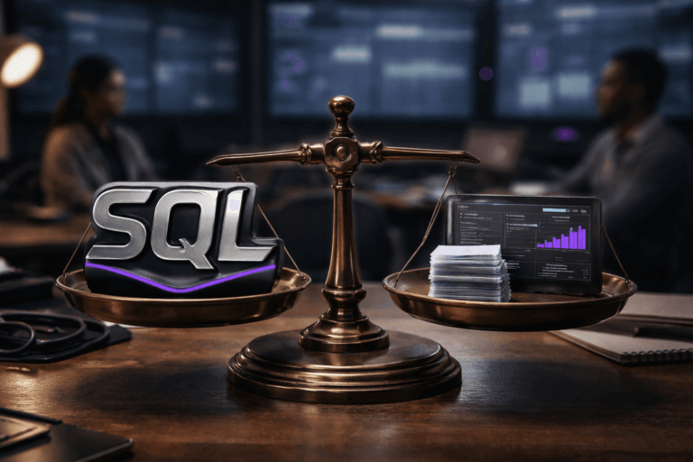 A photorealistic medium-wide cinematic shot, camera positioned approximately 1–2 meters from the subject, capturing a refined real-world hero object: a physical 3D isometric "SQL" emblem — a raised, sculpted metal logo combining brushed stainless steel and matte black enamel, with subtle electric-purple (#7B63FF) inlay along its facets, rendered as a solid, instantly recognizable object resting centered on the left pan of an antique two‑pan brass balance scale. The logo is integrated realistically (no floating elements), clearly readable at a 1–2 meter viewing distance; the right pan holds a tidy stack of miniature transparent data cards and a small physical mockup of a dashboard screen to represent traceable metrics. The object integrates subtle electric‑purple accents indicating intelligence or activity without overpowering realism. Set in a lived-in Revenue Ops war room with a Tech‑Noir mood: dark wooden table, scattered notebooks and cables, an out-of-focus wall of large monitors showing blurred dashboards and audit trails, and two professional, diverse team members in the background (candid posture, neutral expressions) positioned peripherally. Lighting is low‑key and practical — cool monitor glow, a warm adjustable desk lamp, complemented by a soft integrated white spotlight from above slightly to the side to reveal form, texture and depth; electric‑purple accents are restrained (no excessive neon glow). Cinematic photographic realism, 35mm lens look, medium‑wide framing, natural shallow‑to‑medium depth of field, premium materials and ultra‑detailed textures (brass patina, brushed metal, lacquered enamel, paper/card edges), realistic reflections and soft bokeh on background monitors. Realistic scale interaction, neutral corporate color palette with restrained purple highlights, no captions, no on‑image text overlays, no watermarks, ultra‑detailed, photorealistic, 8K.