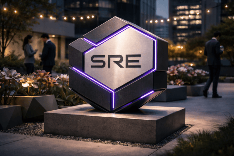 A photorealistic medium-wide cinematic shot, camera positioned approximately 1–2 meters from the subject, capturing a single dominant, physically plausible 3D isometric SRE brand sculpture (official logo engraved on a brushed-aluminum face and inset matte polymer surfaces) mounted on a low concrete plinth so the logo is instantly readable from 1–2 meters; the sculpture is designed as a real-world isometric object (precise geometric facets, chamfered edges, measurable scale) with subtle integrated LED seams and micro-indicators. The object integrates restrained electric purple accents (HEX #7B63FF) as thin LED inlays and a faint rim glow to indicate activity — clearly visible but not overpowering or floating — and tactile materials (brushed aluminum, matte black polymer, soft-diffuse glass) with realistic reflections and fine surface detail. Set in an optimized real-world Tech‑Noir environment: an urban corporate rooftop art installation at dusk with a curated field of stylized low‑poly flower sculptures (sculptural, geometric planters and fabricated floral forms made of painted metal and matte resin) that read as a believable landscaped courtyard rather than abstract CGI. Include natural human presence: two to three diverse professionals in the mid/background, candid neutral postures, interacting at a distance or passing by, secondary to the sculpture. Lighting is low‑key and practical — soft warm string lights, subtle LED panels from nearby building façades, and a single soft integrated white spotlight from above/side gently revealing form, texture and depth — with controlled ambient shadow to create Tech‑Noir contrast. Color palette: neutral corporate tones (charcoal, slate, soft concrete) with restrained neon accents and the specified electric purple as the primary accent; soft complementary warm highlights in the environment. Camera: 35mm–50mm photographic look, medium-wide framing, natural shallow-to-medium depth of field (subject sharp, background softly compressed), cinematic composition with subject slightly off-center for dynamism. Render photorealistic, ultra-detailed, premium materials, subtle grain and lens character, 8K. Constraints: no captions, no text overlays on the image, no watermarks, logo placement realistic (on the sculpture/plinth only), no floating or exaggerated glowing effects.