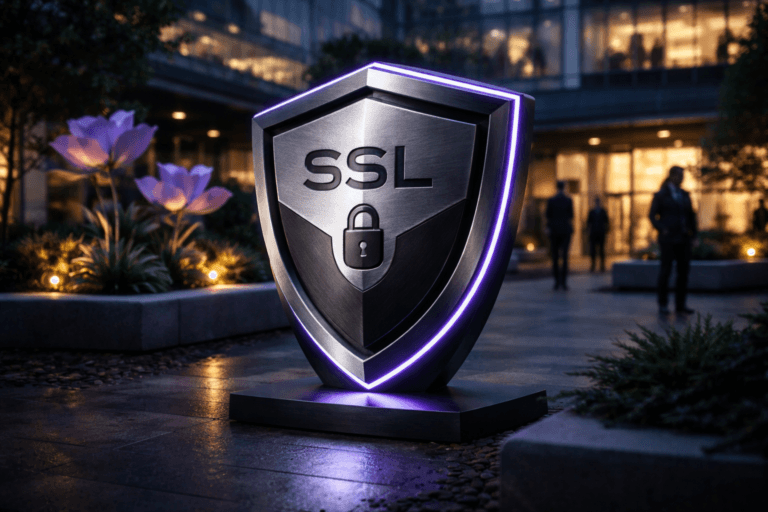 A photorealistic medium-wide cinematic shot, camera positioned approximately 1–2 meters from the subject, capturing a physical sculptural SSL security emblem (3D isometric shield/crest) made from brushed aluminum and matte black anodized metal, with a discreet embossed "SSL" logotype and a subtle padlock icon integrated into the face and a small realistic LED plaque showing the badge — clearly readable within a realistic environment. The object integrates subtle electric-purple accents (#7B63FF) as thin edge-lighting and a low underglow indicating intelligence or activity without overpowering realism. Set in a modern corporate courtyard at dusk featuring a believable installation of large low-poly stylized flower sculptures made of painted metal and geometric planters — a real-world "low-poly" art garden beside glass office facades and paved walkways, preserving a Tech‑Noir mood. Natural human presence is visible in the background and periphery: diverse professionals in candid, neutral posture, secondary to the main object. Lighting is low-key and practical—warm ground uplights on the sculptures, cool ambient dusk from the skyline, and a soft integrated white spotlight from above/side gently revealing form, texture, and depth; add a subtle purple rim light for emphasis. Cinematic photographic realism, 35mm/50mm look, medium-wide framing, natural shallow-to-medium depth of field (approx. f/2.8–f/4), premium materials and ultra-detailed surface textures (brushed metal, anodized paint, tempered glass), realistic reflections and physically accurate shadows, slight volumetric haze, ultra-detailed, 8K. No text overlays, no captions, no watermarks, no floating or exaggerated glowing logos, no identifiable real individuals.