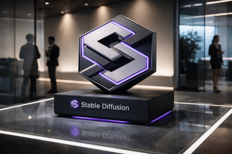 A photorealistic medium-wide cinematic shot, camera positioned approximately 1–2 meters from the subject, capturing a refined real-world hero object: a physical 3D isometric Stable Diffusion brand emblem — a 50cm wide precision-machined sculpture in brushed aluminum and matte black composite, presented in true isometric orientation on a low matte-black pedestal, with the official Stable Diffusion logo accurately inlaid on the front face (recessed enamel finish, realistic scale, non-glowing, non-floating) clearly readable within a realistic environment. The object integrates subtle electric-purple accents (#7B63FF) as thin inlaid LED fillets and micro-edge lighting that indicate activity without overpowering realism. Set on a thick tempered glass floor with integrated LED strips in the edges (cool white base lighting with restrained electric-purple accents), inside a modern Tech‑Noir corporate gallery/rooftop lobby with a minimal soft-gradient backdrop and visible glass partitions. Natural human presence: two to three diverse professionals in the background and periphery, candid postures, neutral expressions, slightly out of focus so they remain secondary to the sculpture. Lighting is low-key and practical — LED edge lights, soft ambient from nearby screens, complemented by a soft integrated white spotlight from above and slightly to the side that gently reveals form, texture and depth, producing subtle specular highlights on metal and glass. Cinematic realism, neutral corporate color palette with restrained neon accents, shallow-to-medium depth of field, 35mm photographic look, medium-wide framing, natural bokeh, premium materials, ultra-detailed surface texture, realistic reflections on tempered glass floor, photorealistic render, 8K. Constraints: no text overlays, no captions, no watermarks, logo placement realistic and non-dominating, no floating or excessively glowing elements.