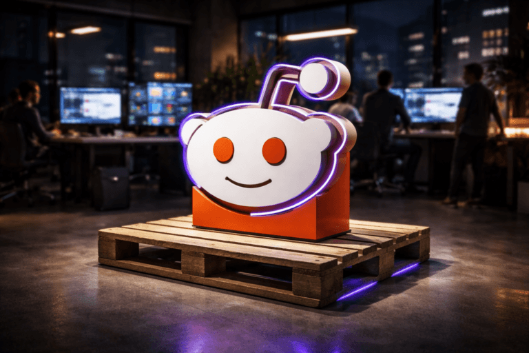 A photorealistic medium-wide cinematic shot, camera positioned approximately 1–2 meters from the subject, capturing a physical 3D Reddit logo sculpture in isometric-inspired form, the official Reddit face logo clearly visible on a glossy white and orange acrylic monolith resting on a raw wooden pallet on a polished concrete floor, clearly readable within a realistic environment. The object integrates subtle electric-purple (#7B63FF) LED accent lines and a faint underglow around the pallet, suggesting data flow and intelligence without overpowering realism. Set in a dim tech-noir inspired Brazilian startup analytics war-room at night, with floor-to-ceiling windows hinting at a moody cityscape, multiple monitors and laptops on nearby desks showing abstract dashboards and Reddit-like interface elements (no legible text), and a small diverse team of diverse professionals in the background and periphery, slightly out of focus, collaborating and discussing around the screens. Lighting is low-key and practical, coming from the monitors, a few desk lamps and overhead fixtures, complemented by a soft integrated white spotlight from above and slightly to the side of the Reddit logo sculpture, gently revealing the texture of the raw wood pallet, the gloss of the acrylic logo and the concrete floor, with soft shadows and reflections. Cinematic realism, subtle Tech-Noir atmosphere, neutral corporate color palette with restrained neon purple accents, 35mm lens look, natural shallow-to-medium depth of field, premium materials, ultra-detailed, 8K, no captions, no text overlays, no watermarks.