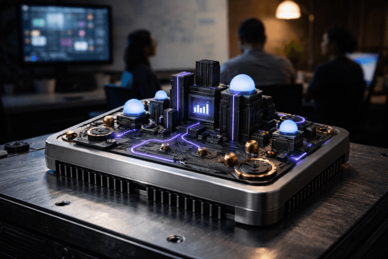 A photorealistic medium-wide cinematic shot, camera positioned approximately 1–2 meters from the subject, capturing a refined, physically plausible 3D isometric tabletop sculpture that embodies a modern startup "control panel" — single dominant hero object ~25–35 cm wide, made from brushed anodized aluminum base, matte black resin micro-structures (isometric miniature office blocks, circuit-like traces and gear motifs), frosted glass indicator domes, and polished copper connectors; embossed iconography only (no text). The object integrates subtle electric-purple accents (#7B63FF) as thin LED-edge inlays and recessed channel glows to indicate intelligence and activity without overpowering realism. Set on a real aluminum heatsink surface with visible fins, thermal screws and natural machining texture, scale consistent and physically believable, placed in a lived-in startup operations "war room" — a compact meeting space in the background with a wall-mounted monitor showing an abstract dashboard bokeh (no legible text), a blurred whiteboard with marker smudges, and three diverse professionals in the periphery (neutral, candid postures, secondary to the object). Lighting is low-key and practical: soft monitor glow, an industrial desk lamp, and a soft integrated white spotlight from above at a 30–45° side angle gently revealing form, texture and depth; subtle rim light separates object from background. Cinematic photographic realism with a subtle Tech-Noir influence, neutral corporate palette (charcoal, slate, brushed aluminum, matte black) with restrained neon accents (electric purple and cool cyan), 35mm cinematic look, f/2.8 shallow-to-medium depth of field, natural bokeh, premium materials, ultra-detailed surface microtextures, no captions, no text overlays, no watermarks, photorealistic, 8K.