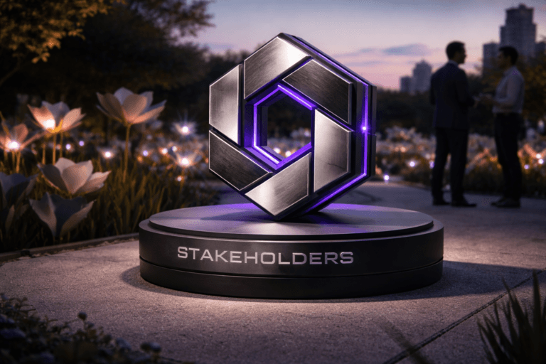 A photorealistic medium-wide cinematic shot, camera positioned approximately 1–2 meters from the subject, capturing a refined real-world hero object: a physical three-dimensional isometric sculptural logo of the brand "Stakeholders" — precision-machined brushed aluminum and matte black composite, embossed brand mark on the front, mounted on a low-profile matte-black circular pedestal, with integrated narrow electric-purple (#7B63FF) LED insets and discreet circuit-like etching that suggest intelligence; the logo is physically grounded and clearly readable at 1–2 meters (no floating elements). The object integrates subtle electric-purple accents indicating intelligence or activity without overpowering realism. Set in an optimized real-world Tech-Noir environment: an outdoor contemporary art installation styled as a low-poly flower meadow at twilight — physical painted wooden/foam low-poly flowers in muted corporate neutrals with restrained neon accents, a soft gradient sky and a distant urban skyline rim light to add depth. Natural human presence in the background or periphery — two diverse professionals in business-casual attire conversing and a technician performing a discreet QA check, candid posture, neutral expressions, clearly secondary to the hero object. Lighting is low-key and practical, complemented by a soft integrated white spotlight from above or the side that gently reveals form, texture, and depth, plus subtle rim neon and controlled LED glow from the logo casting restrained purple highlights. Camera: 35mm photographic look, medium-wide framing, camera ~1.5 meters from the pedestal, shallow-to-medium depth of field, natural perspective. Materials: realistic microtexture and reflections (brushed metal, satin plastic, matte paint, concrete pedestal). Color palette: neutral corporate tones (charcoal, slate, warm concrete) with electric purple #7B63FF as the primary accent. Constraints: no text overlays, no captions, no watermarks, logo placed realistically on the object with no exaggerated floating or luminous effects. Cinematic realism, natural depth of field, premium materials, ultra-detailed, 8K.