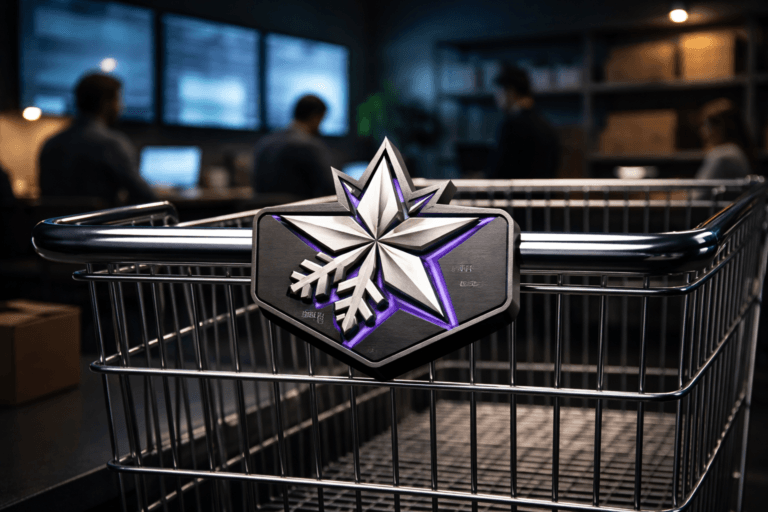 A photorealistic medium-wide cinematic shot, camera positioned approximately 1–2 meters from the subject, capturing a refined real-world hero object: a physical 3D isometric brand emblem combining a stylized star + snowflake motif (approx. 25 cm wide) manufactured as a matte brushed-metal and frosted-acrylic plaque, securely mounted to the front handle of a chrome wire shopping cart. The emblem includes a realistic printed/engraved logo mark and subtle inset electric purple (#7B63FF) edge accents that indicate activity without floating, glowing excessively, or dominating the frame. Set in a believable Tech‑Noir environment: a modern e‑commerce / performance "war room" that doubles as a fulfillment staging area — low-key corporate backroom with industrial table, chrome shelving, a parked shopping cart, large wall monitors showing blurred dashboards (out of focus), and a small diverse group of professionals in the background working and discussing (candid, neutral expressions), remaining secondary to the object. Lighting is low-key and practical: soft ambient from monitors (cool blues), subtle warm practical lamps, and a soft integrated white spotlight from above/side gently revealing the emblem’s texture and the cart’s chrome reflections; controlled specular highlights on metal, restrained neon accents. Color palette: neutral corporate tones (charcoal, slate, warm wood) with restrained electric purple accents. Camera: medium‑wide cinematic composition, 35mm photographic look, natural shallow-to-medium depth of field, sharp focus on the emblem and cart at 1–2 m, smooth background bokeh, photorealistic materials, ultra-detailed surface texture, premium finish, 8K. Constraints: no text overlays, no captions, no watermarks, logo placement realistic and physically attached, humans not identifiable.