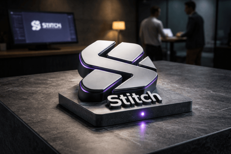 A photorealistic medium-wide cinematic shot, camera positioned approximately 1–2 meters from the subject, capturing a physical 3D isometric Stitch brand logo sculpture (accurate, realistically fabricated logo rendered as a polished matte aluminum and high-density resin object with crisp edges and subtle bevels), resting flat and centered on a matte gray soapstone surface — size approximately 20–30 cm, tactile material details and tiny mounting seams visible, the official Stitch logo clearly readable and incorporated naturally into the object. The object integrates subtle electric-purple accents (hex #7B63FF) as thin edge-inlays and a discrete status LED at the base to indicate activity, tasteful and restrained so realism remains primary. Set in a modern Tech-Noir demo environment: a dim corporate product studio / conference workspace with concrete walls and dark wood surfaces, a blurred laptop in the mid-ground showing a muted Stitch UI (logo visible on the screen corner for realistic brand placement), and two diverse professionals in business-casual attire working at a standing desk in the background — candid, neutral expressions, secondary to the main object. Lighting is low-key and practical: monitor glow and a warm desk lamp provide ambient fill, complemented by a soft integrated white spotlight from above and a subtle cool rim light to separate the logo from the stone surface; overall contrast is cinematic but balanced. Composition: slight three-quarter overhead angle, logo centered with leading lines from the soapstone grain, medium-wide framing, 35mm–50mm photographic look, natural shallow-to-medium depth of field (sharp on logo, gently blurred background). Color palette: neutral corporate tones (grays, charcoal, muted warm wood) with restrained neon accents (electric purple #7B63FF and faint cyan from screens). Realism level: photorealistic, premium materials, ultra-detailed surface texture, physically plausible fabrication and scale, no surreal effects. Constraints: no text overlays, no captions, no watermarks, no floating or exaggerated glowing logos, no unrealistic levitation; cinematic realism, natural depth of field, premium materials, ultra-detailed, 8K.