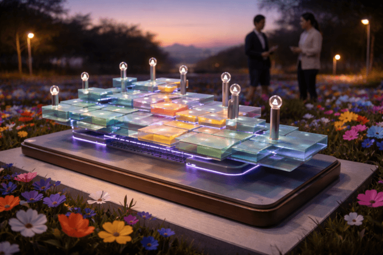 A photorealistic medium-wide cinematic shot, camera positioned approximately 1–2 meters from the subject, capturing a museum-quality physical isometric 3D Story Mapping sculpture on a low matte pedestal — layered translucent acrylic tiles assembled like a metro-style backbone, color‑coded removable tiles (no legible text), raised brushed‑aluminum station pins with inset pictogram icons, integrated low-profile indicator LEDs, and a polished wood base — clearly readable within a realistic environment. The object integrates subtle electric-purple accents (#7B63FF) as thin edge glows and tiny indicator LEDs indicating intelligence or activity without overpowering realism. Set in a stylized low-poly flower meadow art installation at dusk with a minimalist gradient sky and curated outdoor gallery feel, tasteful low-poly colorful flowers around the pedestal, and a discrete designer floor panel under the sculpture; natural human presence in the background/periphery — two diverse professionals in business-casual (neutral expressions, candid posture), observing and gesturing but secondary to the main object. Lighting is low-key and practical: warm golden-hour ambient fill from the horizon, a soft integrated white spotlight from above at a slight side angle to gently reveal form and texture, and a restrained purple rim light for accent. Cinematic realism, natural shallow-to-medium depth of field, medium-wide framing with a 35mm photographic look, camera at eye level ~1–2m from subject, premium materials (frosted acrylic, polished wood, brushed aluminum), ultra-detailed textures, photorealistic render, 8K. No captions, no text overlays, no watermarks.