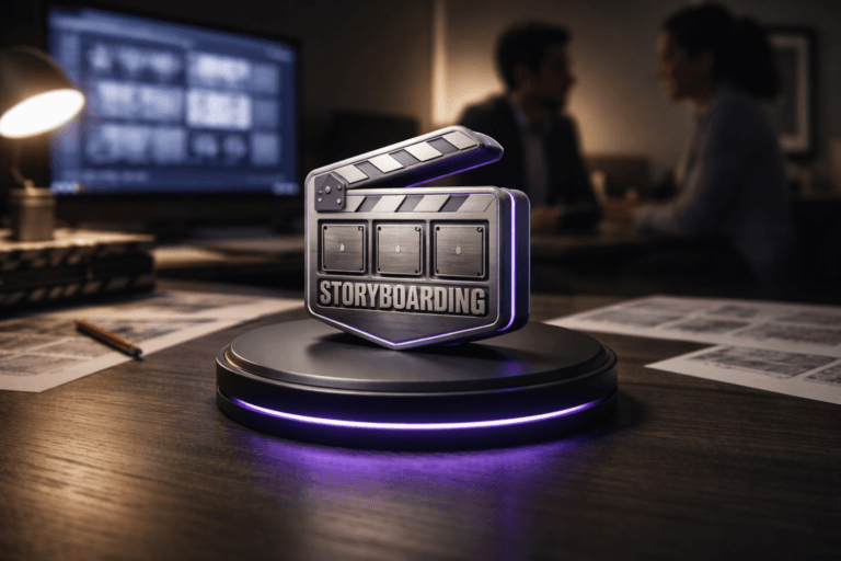 A photorealistic medium-wide cinematic shot, camera positioned approximately 1–2 meters from the subject, capturing a physical 3D isometric embossed "Storyboarding" brand logo sculpture — a real-world, instantly recognizable emblem rendered as a tactile object (brushed matte metal with subtle lacquered insets) placed precisely at the center of a matte black circular wireless charging base; the official logo is realistically engraved into the object surface and clearly readable, sized to be legible from 1–2 meters. The object integrates subtle electric-purple accents (Electric Purple #7B63FF) as thin anodized edge lighting and a restrained LED ring on the charger that indicate activity without overpowering realism; no floating or exaggerated glowing logos. Set in a modern tech-noir creative studio environment: a dark wood desk with scattered storyboard printouts and a muted clapperboard at the periphery, a large monitor in the background showing a blurred storyboard interface, and two diverse professionals in the background engaged in quiet discussion — candid, neutral expressions, secondary and softly out of focus. Lighting is low-key and practical: soft cool monitor glow, a warm desk lamp, and a soft integrated white spotlight from above/side gently revealing form, texture, and depth; controlled specular highlights on metal, soft shadows, and subtle rim light. Visual style: cinematic photographic realism with subtle Tech-Noir influence, neutral corporate tones with restrained neon accents, premium materials (brushed metal, soft-touch rubber, matte polymer). Camera/framing: medium-wide composition, 35mm photographic look, natural shallow-to-medium depth of field with tasteful bokeh, camera at table-height angled slightly down to emphasize the charger and logo. Render: photorealistic, ultra-detailed, high dynamic range, crisp surface texture, 8K. Constraints: no captions, no on-image text, no watermarks, no text overlays, no floating logos, brand placement realistic and integrated.