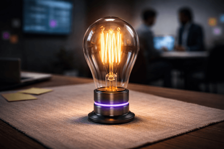 A photorealistic medium-wide cinematic shot, camera positioned approximately 1–2 meters from the subject, capturing a refined, real-world incandescent Edison-style light bulb (clear blown glass, visible coiled filament, warm tungsten glow) screwed into a matte brushed-metal socket and resting on natural undyed woven raw-linen fabric; the filament is intensely lit with subtle, realistic pulsing highlights and tiny light streaks, glass reflections and a faint heat shimmer visible — the bulb is instantly readable at 1–2 meters. The socket includes a discreet, realistic indicator: a thin ring LED subtly emitting Electric Purple #7B63FF as an accent reflected on the glass (indicates intelligence/activity without appearing digital or floating). Set in a believable Tech-Noir corporate corner: a meeting-room tabletop draped with linen, a blurred wall-mounted dashboard screen casting cool practical light, post-its on the periphery, and two diverse professionals blurred in the background conferring (human presence secondary and non-identifiable). Lighting is low-key and practical — dominant warm tungsten from the bulb, complementary cool blue from the screen, a soft integrated white spotlight from above-right gently revealing texture and form, plus restrained purple rim-fill for accent. Composition: slight 3/4 top-down angle (subtle isometric feel but fully photographic), medium-wide framing, 35mm–50mm lens look, aperture ~f/2.8 for natural shallow-to-medium depth of field, cinematic bokeh, careful negative space. Materials and textures ultra-detailed: clear glass, brushed metal, woven linen, soft paper post-its, matte tabletop. Color palette: neutral corporate tones (warm ambers, slate grays, natural linen) with restrained neon accents and primary accent Electric Purple #7B63FF. Style: cinematic photographic realism with subtle Tech-Noir influence, premium product-photography finish, ultra-detailed, 8K. Constraints: no captions, no text overlays, no logos, no watermarks.