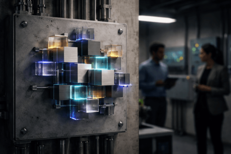A photorealistic medium-wide cinematic shot, camera positioned approximately 1–2 meters from the subject, capturing a refined, real-world hero object: a precision-built assembly of colored "data cubes" — 3–8 cm precision-cut translucent acrylic and brushed-anodized aluminum cubes, arranged into interlocking geometric structures and physically mounted on discreet clear acrylic rods and slim steel rails anchored directly to a weathered industrial grey electrical distribution box (metal junction panel). The cubes are instantly readable at 1–2 meters, with varied finishes (glossy translucent faces, frosted edges, matte metal insets) and a controlled palette of neutral corporate grays and muted blues with restrained accent colors (teal, warm amber) and subtle electric purple edge-lighting (#7B63FF) embedded as thin LED filaments and edge-glow to indicate activity — clearly visible but never overpowering. Set in a believable Tech-Noir industrial control environment: a tidy electrical/utility room with concrete walls, cable trays, labeled conduit, indicator LEDs on panels, and a nearby workstation with dim monitors and a small rack of equipment. Natural human presence in the background and periphery: two diverse professionals in business-casual attire, candid neutral expressions, slightly blurred (out of focus) — one holding a tablet with soft screen glow (no legible text), the other gesturing subtly; humans are secondary to the object and unidentifiable. Lighting is low-key and practical: soft overhead diffused fluorescent ambient, practical monitor and status-LED glows, a soft integrated white spotlight from slightly above and to the side that gently sculpts form and texture, and a restrained electric-purple rim accent to reinforce intelligence without neon saturation. Camera/framing: medium-wide, 35mm photographic look, eye-level, camera ~1.5 meters from object, shallow-to-medium depth of field (f/2.8–f/4) with the cube assembly crisply in focus and the environment gently softened. Materials and detail: ultra-detailed photorealistic rendering of acrylic subsurface scattering, accurate metal speculars, fine machining marks, subtle dust and wear on the distribution box, realistic reflections and soft shadows. Color palette: neutral corporate tones with restrained neon accents, primary accent electric purple #7B63FF used sparingly. Level of realism: high-end cinematic photographic realism with subtle Tech-Noir influence. Constraints: no text, no captions, no logos, no watermarks, no floating or implausible levitation, no exaggerated glow, people must not be identifiable. Cinematic realism, natural depth of field, premium materials, ultra-detailed, 8K.