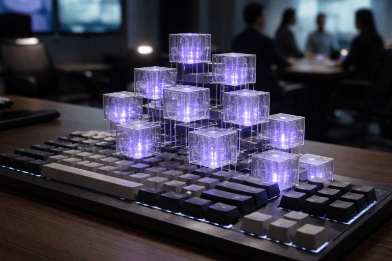 A photorealistic medium-wide cinematic shot, camera positioned approximately 1–2 meters from the subject, capturing a single dominant real-world hero object: a precise isometric formation of modular translucent acrylic "data cubes" (each ~3–4 cm) with laser-etched circuit traces and embedded micro-LED cores, arranged into interlocking geometric stacks and some held by ultra-thin transparent supports to create a subtle floating effect; cubes have matte chamfered edges and polished faces, clearly readable at 1–2 m, and integrate restrained internal glow with subtle electric purple accents (#7B63FF) indicating activity without overpowering realism. The cube structure rests across the keycaps of a giant premium mechanical keyboard (oversized PBT keycaps, textured finish, realistic key stems and soft white backlighting) placed on a conference tabletop. Set in a believable Tech-Noir corporate war-room: dim modern meeting room with glass walls, blurred monitors showing abstract dashboards (no legible text), a small group of diverse professionals in the background in candid postures (secondary, faces unidentifiable), and realistic furniture (dark wood table, ergonomic chairs). Lighting is low-key and practical — monitor glow, keyboard backlight, a small desk lamp — complemented by a soft integrated white spotlight from above-left gently revealing form, texture, and depth; subtle rim lighting carries the electric-purple accent along cube edges and reflections but remains restrained. Camera: 35mm cinematic look, medium-wide frame, eye-level slightly above subject, shallow-to-medium depth of field with the cube formation tack-sharp and background in soft bokeh. Color palette: neutral corporate tones (graphite, deep navy, matte black, warm wood) with restrained neon accents (primary electric purple #7B63FF, secondary soft cyan highlights). Realism: photorealistic, natural reflections, accurate material physics, premium materials, ultra-detailed, 8K. Constraints: no captions, no text overlays, no brand logos or watermarks, no exaggerated floating/glowing effects, human presence secondary and non-identifiable. Cinematic realism, natural depth of field, premium materials, ultra-detailed, 8K.
