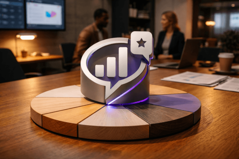 A photorealistic medium-wide cinematic shot, camera positioned approximately 1–2 meters from the subject, capturing a physical freestanding 3D isometric sculpture of the Storytelling brand logo — precision-machined satin-anodized aluminum with matte lacquered insets and a subtle beveled edge — mounted directly on a segmented painted wooden pie-chart (physical pizza/pie chart) laid on an oak conference table; the logo is life-sized and clearly readable at 1–2 meters, rendered as a real-world object with realistic scale, engraved mark, and a discrete recessed LED strip for status indication. The object integrates subtle electric-purple accents (#7B63FF) as thin inlay and a restrained rim light indicating intelligence/activity without overpowering realism. Set in a modern campaign operations "war room" — a lived-in corporate marketing ops environment with concrete and glass finishes, wall-mounted monitors showing blurred dashboards, a laptop and printed briefs at the table edge, and two diverse professionals in the background/periphery (candid, neutral expressions) to convey human scale and usage; all humans are secondary to the hero object. Lighting is low-key and practical: warm desk lamp and soft window bounce provide ambient fill, complemented by a soft integrated white spotlight from above/side that sculpts form and reveals premium textures (brushed metal, lacquered wood, painted grain), with restrained electric-purple accent rim light. Cinematic photographic realism, natural depth of field (shallow-to-medium), medium-wide composition with a 35mm/50mm photographic look, camera slightly below eye level, ultra-detailed surface texture, premium materials, neutral corporate palette with restrained neon accents, photorealistic, no captions or text overlays, no watermarks, ultra-detailed, 8K.
