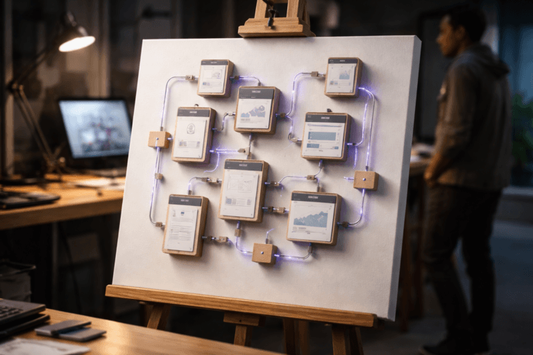 A photorealistic medium-wide cinematic shot, camera positioned approximately 1–2 meters from the subject, capturing a refined real-world hero object: a physical 3D isometric storyboard model mounted on a white painting canvas on a wooden easel — the model composed of tangible matte acrylic and natural-wood miniature tiles (each tile clearly readable as a single wireframe-like screen or step), connected by thin fiber‑optic cables and brushed-metal pins that form harmonious pathways; all elements sized and detailed to be instantly recognizable from 1–2 meters. The object integrates subtle electric-purple accents (#7B63FF) in the fiber-optic connections and tiny backlit seams to indicate intelligence or activity without overpowering realism. Set in a modern design studio with Tech‑Noir sensibility — a lived-in workshop corner with a wooden workbench, a slim tablet showing a blurred prototype in the background, soft scattered stationery, and a designer in the periphery (realistic, diverse, candid posture, slightly out of focus) observing the easel. Lighting is low-key and practical: a warm desk lamp and the tablet screen provide local illumination, complemented by a soft integrated white spotlight from above and just to the side that gently sculpts form and texture, with restrained electric-purple fill glows along connection lines for subtle neon accents. Composition: medium-wide, eye-level to slight overhead angle, 35mm photographic look, camera ~1.2 m from subject, shallow-to-medium depth of field with the central tiles in sharp focus and edges/background softly blurred. Color palette: neutral corporate tones (creamy canvas white, warm wood, muted grays) with restrained electric-purple highlights and subdued chrome/metallic accents. Materials and finish: premium matte acrylic, fine-grain wood, brushed metal, clean seams, ultra-detailed textures. Mood: cinematic photographic realism with subtle Tech‑Noir influence, high visual clarity and hierarchy, no dramatic surrealism. Cinematic realism, natural depth of field, premium materials, ultra-detailed, 8K. No captions, no text overlays, no watermarks.