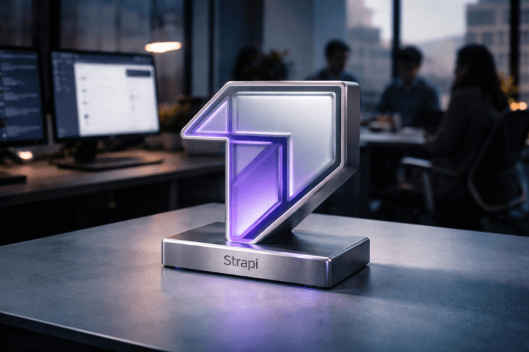 A photorealistic medium-wide cinematic shot, camera positioned approximately 1–2 meters from the subject, capturing a refined real-world hero object: a physical 3D isometric Strapi logo sculpture (official Strapi logo visibly embossed on the front face), designed as a polished matte metal frame with layered translucent acrylic insets and subtle internal diffusion, mounted on a low-profile satin-metal stand and clearly readable at 1–2 meters. The object rests on a slightly frosted, colored translucent acrylic surface (soft gradient from cool graphite to muted cyan) with micro-reflections and realistic contact shadows. The sculpture includes restrained electric purple accents (Hex #7B63FF) as thin internal edge-lit seams and tiny LED indicators recessed into the base to indicate activity — subtle, non-glowing, and physically integrated. Set in a modern Tech‑Noir corporate workspace: a tidy developer/product desk near a floor-to-ceiling window at dusk, with blurred monitors showing a content-management dashboard and a small team of diverse professionals in the background (candid, neutral expressions, out of focus, secondary to the object), plus minimal furniture (ergonomic chair, slim lamp) to reinforce realism. Lighting is low-key and practical: warm desk lamp and cool monitor light provide ambient contrast, complemented by a soft integrated white spotlight from above at a 30° side angle to gently reveal form, texture, and depth; subtle electric-purple rim light (#7B63FF) emphasizes edges without creating unnatural glow. Visual style: cinematic photographic realism with subtle Tech‑Noir influence, premium materials (brushed aluminum, matte plastic, clear and frosted acrylic), neutral corporate palette with restrained neon accents. Camera and framing: medium-wide composition, 35mm photographic look, aperture around f/2.8–f/4 for shallow-to-medium depth of field, natural bokeh on background screens and people, camera height ~ chest level, object centered slightly to the right of frame for dynamic negative space. Textures: ultra-detailed surface microstructure on acrylic, soft fingerprints and dust removed, crisp bevels and seams, realistic specular highlights. Realism level: photorealistic, no surreal elements, all objects physically plausible and grounded. Constraints: no text overlays, no captions, no extra watermarks, logo placed realistically (on sculpture and base), no floating or exaggerated glow effects. Cinematic realism, natural depth of field, premium materials, ultra-detailed, 8K.
