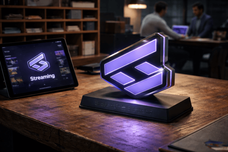 A photorealistic medium-wide cinematic shot, camera positioned approximately 1–2 meters from the subject, capturing a physical 3D isometric branded logo sculpture of the Streaming brand (official logo physically present and accurately rendered on the sculpture and mirrored on a nearby tablet screen) clearly readable within a realistic environment. The sculpture is a real-world object: ~20 cm wide isometric form crafted from brushed black anodized metal with polished chrome bevels, mounted on a low matte charcoal composite base; fine engraved iconography (small, non-legible technical symbols) on the base hints at ingest, CDN and player layers; thin embedded LED edge-lighting glows subtly in Electric Purple #7B63FF along seams to indicate activity without overpowering realism. The tablet to the left displays the brand's app UI with the same logo placed naturally on the screen (logo integrated into device UI, not floating). Set in a lived-in Tech-Noir operations vignette — a mail-sorting workbench with a worn oak tabletop and wooden pigeonhole cubbies (nichos de madeira) in the background filled with envelopes, small network devices and labeled trays — evoking a war-room / launch ops feel. Natural human presence in the background: two diverse engineers in business-casual attire (one seated reviewing a laptop, one standing, both candid and secondary to the logo), a support technician at the periphery interacting with a tablet; faces neutral, unidentifiable, secondary to the object. Lighting is low-key and practical: warm desk lamp and tablet glow, cool overhead ambient, with a soft integrated white spotlight from the side-top gently revealing form, texture and depth; restrained neon purple rim-lighting (#7B63FF) used only on the sculpture seams and subtle reflections on the tabletop. Camera/framing: medium-wide composition, slight three-quarter top-down angle, 35mm photographic look (or 50mm equivalent), natural shallow-to-medium depth of field (sculpture crisply in focus, background softly readable), aperture for soft bokeh on cubbies. Color palette: neutral corporate tones (charcoal, warm oak, matte metal) with restrained Electric Purple accents and muted cyan highlights to reinforce Tech-Noir without stylization. Materials and textures ultra-detailed: brushed metal grain, polished chrome edges, worn wood, matte composite. Constraints: no text overlays or captions, no watermarks, no floating or unrealistic glowing logos — all branding appears on physically plausible objects (sculpture and tablet only). Cinematic realism, natural depth of field, premium materials, ultra-detailed, 8K.