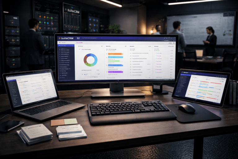 A photorealistic medium-wide cinematic shot, camera positioned approximately 1–2 meters from the subject, capturing a refined, real-world hero object: a low-profile command desk cluster with a central 34" curved monitor showing a realistic SuiteCRM dashboard (SuiteCRM logo visible in the UI header on the screen, integrated naturally into the application chrome), a left-side laptop open to a Keywords & Backlinks module, and a right-side tablet displaying a Campaign Pipeline view — all physical devices on the desk with clearly readable UI elements at human scale (no floating graphics). The hardware is premium (brushed aluminum monitor stand, matte black polymer keyboard, tempered glass tablet), with a set of printed index cards and a small stack of labeled task cards (keywords, URLs, backlinks) arranged physically beside the devices to communicate tangible operation. The object integrates subtle electric-purple accents (#7B63FF) as restrained LED trims on device bezels and discrete UI highlights indicating activity, without overpowering realism. Set in a modern SEO command room — optimized real-world Tech-Noir environment with black rubber anti-slip coin-pattern floor, matte concrete walls, a rack of quiet servers and wall-mounted status screens in the mid-background, a glass whiteboard with clipped briefing cards, and modular shelving with reference binders and a coffee mug. Natural human presence: 2–3 diverse professionals in business-casual attire in the background and periphery, candid posture, neutral expressions, interacting with the room (one reviewing the tablet, one writing a card) but secondary to the main object. Lighting is low-key and practical: cool screen glow, a warm desk task lamp, recessed overhead LED strips with very subtle electric-purple fill, and a soft integrated white spotlight from above-left gently revealing form, texture, and depth; controlled reflections on glass and metal. Visual style: cinematic photographic realism with subtle Tech-Noir influence, neutral corporate tones (graphite, slate, warm concrete) with restrained neon accents, shallow-to-medium depth of field, 35mm photographic look, medium-wide framing, natural filmic bokeh, ultra-detailed surface textures (rubber floor, matte paint, brushed metal, paper grain). Render photorealistic, premium materials, high fidelity UI readability, no captions, no added text overlays beyond realistic UI elements, no watermarks, no floating or glowing logos, 8K.