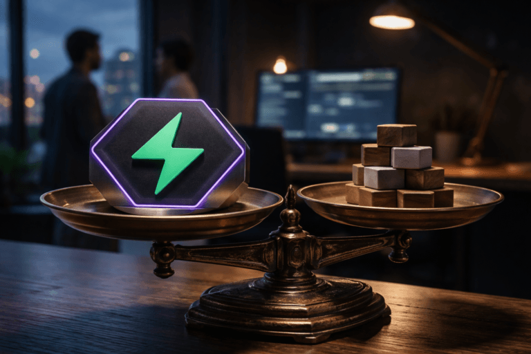 A photorealistic medium-wide cinematic shot, camera positioned approximately 1–2 meters from the subject, capturing a refined real-world hero object: a physical 3D isometric sculpture of the official Supabase logo (accurate, legible, embossed and realistically rendered as a 20 cm solid object — matte polymer top, brushed aluminum edges, and a subtle glass inset) resting securely on the left pan of an antique brass double-pan balance scale with visible patina. The Supabase logo sculpture includes realistic placement of the official mark on its surface (no floating logos) and integrates subtle electric-purple activity accents (hex #7B63FF) as fine rim lighting and tiny embedded LED veins that imply intelligence without overpowering material realism. The right pan holds a neat stack of small polished modules (cubes and cylinders in premium materials: walnut, brushed steel, and matte ceramic) that symbolically represent backend components — deliberately unbranded, no text. Set in a cinematic Tech-Noir modern developer workspace at dusk: a dark walnut conference table, a soft city skyline visible through a large window, blurred monitors with indistinct UI glow, and a single adjustable desk lamp as a practical light source. Natural human presence in the background — two diverse professionals in business-casual attire, candid and out of focus at the periphery, secondary to the main object. Lighting is low-key and practical (desk lamp and monitor glows), complemented by a soft integrated white spotlight from above at a side angle that gently reveals form, texture, and depth; restrained electric-purple accent fills crevices and casts a faint reflection on the brass. Cinematic photographic realism, 35mm/50mm look, medium-wide framing, shallow-to-medium depth of field, premium materials and surface detail (brass patina, brushed metal grain, polymer texture), ultra-detailed, photorealistic, 8K. No captions, no text overlays, no watermarks, no floating or glowing logos.