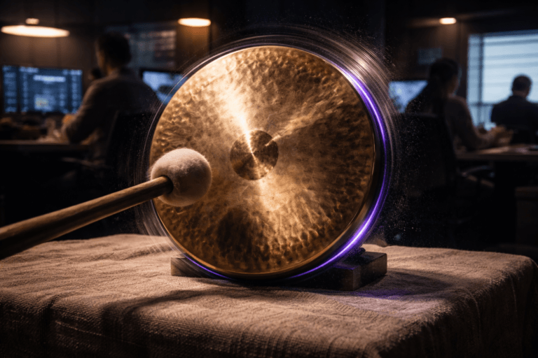 A photorealistic medium-wide cinematic shot, camera positioned approximately 1–2 meters from the subject, capturing a real brass gong as the refined hero object — struck and visibly vibrating with crisp motion blur on the rim, finely hammered-metal texture, subtle dents, and a wooden mallet mid-swing — clearly readable within a realistic environment. The gong sits on a table draped with raw woven natural linen (cru linen) with pronounced textile weave visible in the foreground; integrated subtle electric-purple accents (#7B63FF) appear as a thin LED halo recessed under the rim and faint purple reflections on the metal, signaling activity without overpowering realism. Set in a believable Tech‑Noir customer-support control room during a Black Friday peak: the immediate scene is minimal and tactile (linen surface, wooden mallet), while the background shows natural human presence — diverse, professional agents in candid postures at desks, softly blurred monitors displaying a generic social‑inbox dashboard and queue metrics (no brand logos), giving context without dominating. Lighting is low‑key and practical: warm desk lamps and cool monitor glow create ambient contrast, complemented by a soft integrated white spotlight from above/side that gently sculpts form and reveals metallic detail and linen texture; include subtle rim lighting to emphasize vibration and fine dust particles visible in the beam. Visual style: cinematic photographic realism with restrained Tech‑Noir accents, neutral corporate palette with controlled neon (electric purple) highlights. Camera & framing: 35mm photographic look, medium‑wide composition, camera ~1–2 meters from subject at table level, shallow‑to‑medium depth of field to keep the gong crisp and background human presence softly out of focus. Materials and render: premium, ultra‑detailed photorealism — realistic metal speculars, micro‑scratches, natural wood grain on mallet, lifelike textile fibers, accurate caustics and reflections, slight motion blur on vibrating elements. Constraints: no text, no captions, no logos, no watermarks, no floating or glowing logos, photorealistic, ultra‑detailed, 8K.
