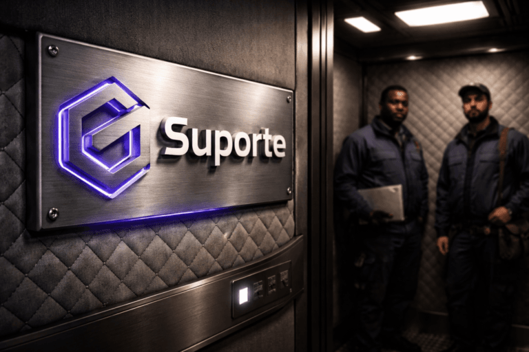A photorealistic medium-wide cinematic shot, camera positioned approximately 1–2 meters from the subject, capturing a refined real-world hero object: a physical 3D isometric brand logo plaque for the company "Suporte" — realistic brushed-aluminum plaque with an isometric bas-relief wordmark and icon, mounted at eye level on the elevator interior wall, clearly readable from 1–2 meters; the logo includes subtle integrated edge-lighting in Electric Purple (#7B63FF) to indicate intelligence/activity without floating or overpowering realism. Set in a lived-in tech-noir environment: inside a modern freight/cargo elevator with quilted/padded metal walls, industrial rivets, a small illuminated control panel and rubber floor mat, creating a restrained corporate-industrial atmosphere. Natural human presence in the background: two diverse maintenance technicians in corporate work jackets, neutral expressions, candid posture, slightly out of focus and secondary to the plaque. Lighting is low-key and practical — warm overhead elevator fixture, soft glow from the control panel and small LED strips, complemented by a soft integrated white spotlight from above or the side that gently reveals form, texture, and depth on the logo plaque; subtle purple rim light on edges for tech-noir accent. Visual style: cinematic photographic realism with subtle Tech-Noir influence, neutral corporate tones with restrained neon accents (primary accent Electric Purple #7B63FF), premium materials (brushed metal, matte enamel, soft padding), ultra-detailed surface textures, realistic reflections and micro-roughness. Camera and framing: medium-wide composition, 35mm cinematic look, shallow-to-medium depth of field, subject centered-left with natural negative space, natural perspective and scale, readable typography and iconography on plaque. Constraints: no captions, no text overlays, no watermarks, logo placed realistically (mounted signage), no floating/glowing logos, maintain brand-safe, professional aesthetic. Cinematic realism, natural depth of field, premium materials, ultra-detailed, 8K.