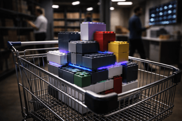 A photorealistic medium-wide cinematic shot, camera positioned approximately 1–2 meters from the subject, capturing a meticulously assembled real-world modular building-block sculpture — interlocking premium matte-plastic modules (8–12 cm each), instantly recognizable as stacked, color-coded construction blocks forming an organized, optimized structure — placed securely inside a standard chrome wire shopping cart (realistic retail cart) and clearly readable within a realistic environment. The object integrates subtle electric-purple accents (#7B63FF) as thin embedded LED insets and seam highlights to indicate intelligence/activity without overpowering realism; no floating elements, no text, no logos on the blocks. Set in a modern retail fulfillment / e-commerce staging aisle interpreted with Tech‑Noir mood: tall shelving, polished concrete floor, muted product boxes, a wall of dim inventory monitors and a small operations desk in the mid-background. Natural human presence: two to three diverse professionals in business-casual at the periphery — one checking a tablet, one walking past — candid, neutral expressions, slightly motion-blurred and secondary to the cart. Lighting is low-key and practical: overhead industrial fixtures, small on-cart practical LEDs, a soft integrated white spotlight from above-side that sculpts form and texture, and restrained electric-purple rim light accents for mood. Camera/framing: medium-wide, 35mm cinematic look, slight low angle to emphasize the cart and block structure, shallow-to-medium depth of field with the object sharply in focus and background gently defocused. Color palette: neutral corporate tones (steel, charcoal, concrete, warm wood) with controlled neon accents — primary electric purple #7B63FF, subtle cool cyan and warm amber practical lights. Level of realism: photorealistic, ultra-detailed materials and seams, true-to-life reflections on chrome, realistic plastic texture, believable scale and shadows. Constraints: no captions, no text overlays, no watermarks, no identifiable real people, composition balanced for marketing use, ultra-detailed, 8K.