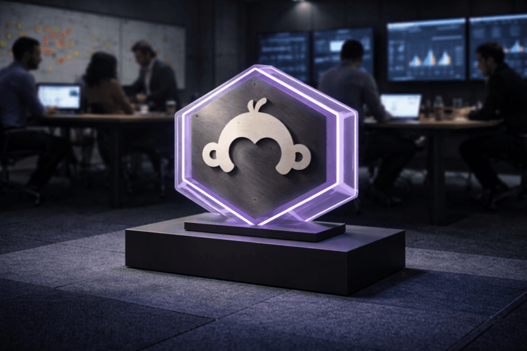 A photorealistic medium-wide cinematic shot, camera positioned approximately 1–2 meters from the subject, capturing a refined real-world hero object: a freestanding 3D isometric SurveyMonkey logo sculpture (official logo rendered accurately on a brushed aluminum plaque and laser-etched acrylic facets), approximately 40 cm wide, mounted on a low matte-black pedestal on a navy‑blue modular office carpet. The sculpture is crafted from premium materials (brushed aluminum, frosted acrylic, matte polymer base) with precise isometric geometry; subtle electric-purple (#7B63FF) LED inlay lines trace the isometric edges to indicate activity without overpowering realism (no glowing logo, LEDs recessed and soft). Set in a modern Tech‑Noir growth war‑room during a product sprint — a lived-in corporate meeting space with a long low table, a wall of muted dashboard screens and charts in the background, whiteboards with sticky notes, and a few laptops and tablets; the navy modular carpet is clearly visible beneath the pedestal. Natural human presence: 3–5 diverse professionals in business-casual dress, candid and secondary in the background or periphery, collaborating around screens and a table (faces neutral, non-identifiable). Lighting: low-key, practical sources (monitor glow, desk lamps, window ambient) complemented by a soft integrated white spotlight from above at a side angle to gently reveal texture and depth on metal and acrylic surfaces; restrained neon accents from screens and the purple inlays. Visual style: cinematic photographic realism with subtle Tech‑Noir influence, neutral corporate tones with restrained electric-purple accents, natural shallow-to-medium depth of field, 35mm/50mm photographic look, medium-wide framing, strong subject hierarchy with the logo sculpture clearly readable from 1–2 meters. Textures ultra-detailed (metal grain, carpet weave, acrylic edge diffusion), premium materials, photorealistic render, ultra-detailed, 8K. Constraints: no text overlays, no captions, no watermarks, no floating or unrealistic logo effects.