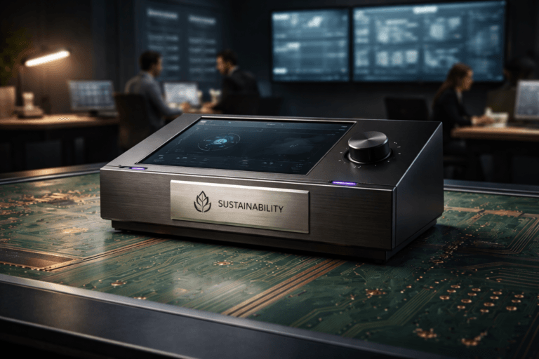 A photorealistic medium-wide cinematic shot, camera positioned approximately 1–2 meters from the subject, capturing a refined real-world hero object: a physical isometric 3D control module — desktop-sized brushed anodized aluminum console with a raised isometric 3D emblem of the "Sustainability" brand engraved into a stamped metal plaque (logo scale and contrast adjusted to be clearly readable at 1–2 m), an integrated matte-black touchscreen showing a subtle dashboard motif, recessed status LEDs and a small rotary selector; the module sits firmly on a macro green printed-circuit-board platform with visible copper traces and plated through-holes (PCB scaled as a realistic oversized table surface). The object integrates subtle electric-purple accents (#7B63FF) as narrow LED indicator strips and faint inlay reflections along edges to indicate intelligence/activity without overpowering realism; LEDs are small, practical, non-floating and integrated into hardware. Set in a modern executive "sala de comando" Tech‑Noir environment: a corporate sustainability command room with a low-key, lived-in aesthetic — dark matte walls, a bank of muted monitoring screens and a large wall-mounted dashboard in the background, visible cable management and integration ports, and a small team of diverse professionals (3–4 people) in business-casual attire working or reviewing tablets at the periphery (natural candid posture, neutral expressions), secondary to the hero object. Lighting is low-key and practical — cool monitor glow, a warm desk lamp, and a soft integrated white spotlight from above/side gently revealing the module's form, texture, and the copper sheen of the PCB traces; subtle rim lighting emphasizes premium materials (brushed metal, matte polymer, glossy PCB). Camera/framing: medium-wide, 35mm photographic look, shallow-to-medium depth of field with the module and logo in crisp focus and the background slightly bokeh, composition balanced for readability and brand prominence. Color palette: neutral corporate greys, deep charcoal, warm copper, muted greens of the PCB, with restrained electric-purple accents. Realism level: photorealistic, cinematic, premium materials, ultra-detailed, 8K. Constraints: no captions, no text overlays on the image, no watermarks, no floating or glowing logos — all branding integrated realistically into hardware or screen elements.