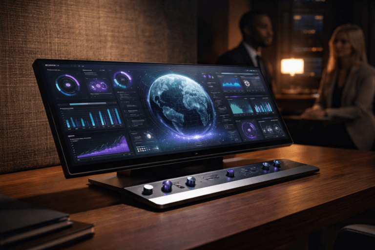 A photorealistic medium-wide cinematic shot, camera positioned approximately 1–2 meters from the subject, capturing a refined real-world hero object: a sleek physical executive command console — a 34-inch ultrawide matte OLED touchscreen angled on a low-profile anodized aluminum stand, paired with a slim tactile control surface (brushed aluminum) with subtle backlit status knobs and LED indicators; the touchscreen displays a 3D-isometric styled ESG dashboard visualization (charts, dials, card widgets, and status tiles) designed to be readable at a 1–2 meter distance, with no large captions or intrusive text overlays. The object integrates subtle electric-purple accents (#7B63FF) on active indicators and progress rings to indicate intelligence and activity without overpowering realism. Set in a believable Tech-Noir corporate data-ops environment: a compact executive workspace — walnut meeting table, woven raw natural linen acoustic wall (crude woven linen texture) as the backdrop, dim ambient room with practical light sources (the console screens, a warm desk lamp, and a distant server-rack soft glow), and two diverse, realistic professionals in the background or periphery—candid posture, neutral expressions, slightly out of focus to emphasize the console. Lighting is low-key and practical, complemented by a soft integrated white spotlight from above at a 30–45° side angle that gently reveals form, texture, and depth; subtle rim light separates the object from the linen backdrop. Visual style: cinematic photographic realism with subtle Tech-Noir influence, neutral corporate tones (charcoal, slate, warm walnut) with restrained neon accents (electric purple #7B63FF and muted cyan), natural shallow-to-medium depth of field, 35mm photographic look, medium-wide framing, slight dutch-free composition, tactile materials and ultra-detailed surface textures (matte OLED glass, brushed metal, woven linen). Constraints: no captions, no text overlays, no watermarks, no floating or oversized logos, no surreal or impossible elements; UI elements must appear as realistic screen renderings. Cinematic realism, natural depth of field, premium materials, ultra-detailed, 8K.