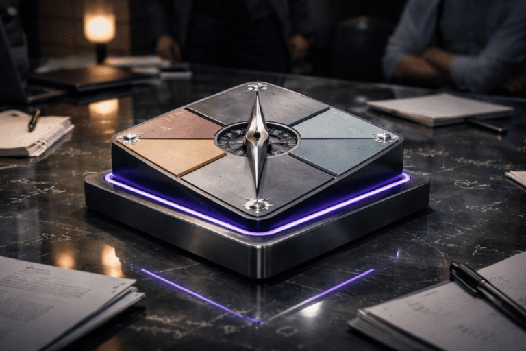 A photorealistic medium-wide cinematic shot, camera positioned approximately 1–2 meters from the subject, capturing a refined, physically plausible "SWOT Compass" sculpture as the hero object: a tactile isometric 3D sculpture sitting on a low polished metal pedestal, made from premium materials (brushed matte black metal base, frosted acrylic quadrant plates arranged in a precise isometric quadrant layout, a central metal compass needle and subtle mechanical calibration dials), each quadrant differentiated by texture and muted corporate tones (warm slate, cool graphite, soft teal, warm amber) with non-legible, low-relief symbols (abstract icons only) instead of text; the sculpture includes subtle electric purple accents (LED rim and micro-inlays in hex #7B63FF) that pulse softly to indicate activity without glowing or floating, clearly readable and dominant at 1–2 meters. Set on a glass-topped strategy table in a lived-in corporate Tech-Noir strategy room (optimized real-world environment): glass surface with scattered notebooks, a closed laptop, and white-ink mathematical formulas and scribbles written on the underside of the glass — visible as contextual, intentionally non-legible handwriting — soft paper printouts and a pen nearby, with a small, dim desk lamp and a muted laptop screen as practical light sources. Natural human presence: diverse, professional team members positioned in the background and periphery (realistic, candid postures, neutral expressions), slightly out of focus to keep the sculpture primary. Lighting is low-key and cinematic: controlled ambient darkened room, practical warm lamp light from the side, a soft integrated white spotlight from above gently revealing form and texture, and restrained electric-purple rim lighting for tech-noir accent. Visual style: cinematic photographic realism with subtle Tech-Noir influence, 35mm photographic look, shallow-to-medium depth of field, medium-wide framing, natural filmic bokeh, ultra-detailed surface textures (metal grain, acrylic frost, glass reflections, pen ink), premium materials and precise studio-level composition. Color palette: neutral corporate tones with restrained neon accents and primary accent Electric Purple #7B63FF. Level of realism: photorealistic (no surreal floating elements), believable scale and weight, physically plausible reflections on glass. Camera details: 35mm equivalent, f/2.8, low ISO, high dynamic range, careful focus on the sculpture with natural falloff to background. Constraints: no captions, no visible brand logos or product names, no text overlays or legible typography on the sculpture or scene (formulas intentionally illegible), no watermarks, no graphic overlays, no floating or exaggerated glows. Cinematic realism, natural depth of field, premium materials, ultra-detailed, 8K.
