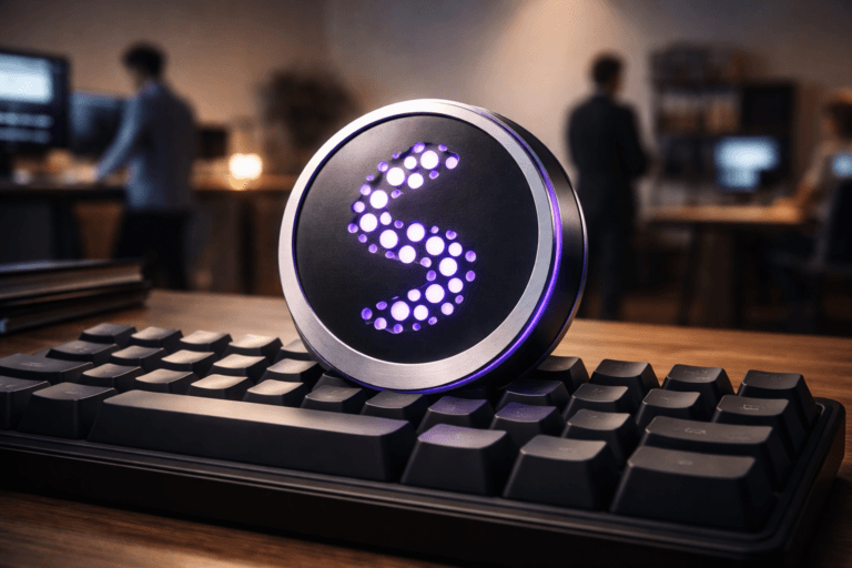 A photorealistic medium-wide cinematic shot, camera positioned approximately 1–2 meters from the subject, capturing a physical 3D isometric Synthesia logo emblem (official Synthesia logo rendered as a tactile, real-world object: polished matte aluminum face with brushed edges and a recessed inlay filled with subtle electric-purple #7B63FF resin/LED) clearly readable within a realistic environment. The emblem sits naturally, weight resting between the keycaps of an oversized mechanical keyboard prop on a modern meeting table — realistic contact points and soft contact shadows on the keycaps, no floating or exaggerated effects. The object integrates restrained electric-purple accents confined to the inlay and thin rim lighting to indicate activity without overpowering realism. Set in a modern creative corporate office / tech studio with a clean soft-gradient wall immediately behind the table and lived-in background elements (blurred monitors, shelving, and 2–3 diverse professionals in neutral, candid poses at standing desks) to provide context while keeping the logo primary. Lighting is low-key and practical: warm desk lamp and cool monitor glow provide ambient fill, complemented by a soft integrated white spotlight from above/side that sculpts form and reveals texture and material details; subtle purple rim accent from the inlay only. Cinematic photographic realism with subtle Tech‑Noir influence, neutral corporate palette (charcoal, slate, warm wood) with restrained neon accents, premium materials, ultra-detailed surface texture (brushed metal, soft matte plastic keycaps, slight fingerprint smudging on aluminum), natural shallow-to-medium depth of field, 35mm cinematic look, medium-wide framing, precise focus on emblem and nearby keys with gentle background bokeh, photorealistic render, ultra-detailed, 8K. No captions, no text overlays, no watermarks, no floating or oversized glowing logos, do not depict identifiable real individuals.