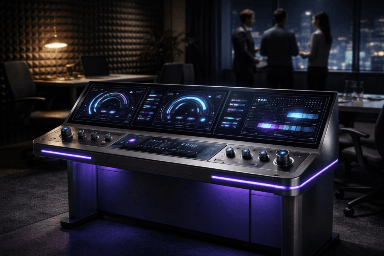 A photorealistic medium-wide cinematic shot, camera positioned approximately 1–2 meters from the subject, capturing a refined real-world executive analytics console clearly readable within a realistic environment. The console is a freestanding brushed-aluminum control table with a continuous curved three-panel OLED touchscreen (isometric-inspired layout rendered as real curved displays), tactile backlit rotary knobs, discrete status LEDs, and precision-machined toggle switches; the interface shows graphical SUS-style widgets (arc gauges, segmented meters, dot-array status lights) rendered as visual indicators only — no readable text labels — and the object integrates subtle electric-purple accents (#7B63FF) as LED rings, underlighting, and thin edge-glow to indicate intelligence or activity without overpowering realism. Set in a modern Tech‑Noir product command center: a small corporate UX/analytics war room with dark charcoal acoustic egg‑crate foam panels on the back wall, low-profile glass conference table, ergonomic chairs, a laptop and notebook casually placed, a narrow side window with cool city-night bokeh, and three diverse professionals in the background observing or discussing at a distance (candid posture, neutral expressions), clearly secondary to the console. Lighting is low-key and practical — primary illumination comes from the OLED screens and status LEDs, complemented by a warm practical desk lamp and a soft integrated white spotlight from above at a subtle side angle to gently reveal form, texture, and depth; include a faint electric-purple rim light for tech-noir flavor. Photographic parameters: 35mm/50mm medium-wide cinematic lens look, natural shallow-to-medium depth of field (console sharply in focus, background softly blurred), low ISO, high dynamic range, premium materials (brushed metal, tempered glass, matte rubber), restrained corporate palette (charcoal, graphite, cool greys) with restrained cyan highlights and the specified electric purple accent. Render photorealistic, ultra-detailed, 8K. Constraints: no captions, no text overlays, no logos, no watermarks, no floating or exaggerated glowing elements, people anonymous and non-identifiable.