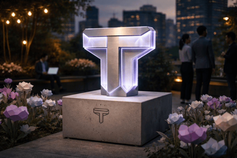 A photorealistic medium-wide cinematic shot, camera positioned approximately 1–2 meters from the subject, capturing a refined physical 3D isometric hero object: a tangible sculpture of the T‑Shaped brand logo rendered as an isometric form — precision-machined brushed aluminum core with frosted acrylic facets and chamfered edges, mounted on a low-profile matte concrete plinth approximately 40–60 cm tall. The official T‑Shaped logo is laser-etched and inset on the front face, clearly readable at 1–2 meters. Subtle electric purple (#7B63FF) edge-infill LEDs and thin fiber-optic veins integrated within acrylic facets indicate intelligence/activity without floating or overpowering glow. Set in a believable urban rooftop garden at dusk, reinterpreting the "low-poly flower field" as a stylized sculptural installation of geometric polymer flowers arranged across the terrace — clearly crafted art pieces that read as a real, lived-in installation; city skyline and building windows in soft focus in the distance provide practical ambient sources. Natural human presence in the midground/periphery: 2–4 diverse professionals in business-casual attire, candid posture and neutral expressions, one at a nearby bench with an open laptop, others conversing quietly; people are secondary and non-identifiable. Lighting: low-key, cinematic Tech‑Noir mood — practical warm tungsten string lights, laptop screens and distant city neon provide ambient rim light, complemented by a soft integrated white spotlight from the left-side above that gently reveals form, texture and depth; controlled subtle rim highlights on metal and acrylic. Visual style: cinematic photographic realism with subtle Tech‑Noir influence, premium materials, ultra-detailed surface textures (brushed metal micro-scratches, frosted acrylic subsurface scattering, concrete grain, fine dust on petals). Camera & framing: medium-wide shot with a 35mm photographic look, natural shallow-to-medium depth of field — logo sculpture crisply in focus, low-poly flowers and skyline rendered as pleasing bokeh. Color palette: neutral corporate base tones (charcoal, slate, warm concrete) with restrained neon accents and electric purple #7B63FF as the primary accent, plus muted pastel tones for the sculptural flowers. Level of realism: photorealistic, believable scale and materials, no surreal floating elements. Constraints: no text overlays, no captions, no watermarks, no floating or oversized glowing logos; logo placement must be realistic and integrated into the sculpture. Cinematic realism, natural depth of field, premium materials, ultra-detailed, 8K.