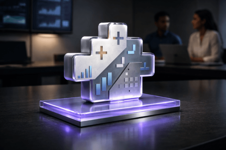 A photorealistic medium-wide cinematic shot, camera positioned approximately 1–2 meters from the subject, capturing a refined real-world hero object: a physical 3D isometric sculpture of the Tableau logo (accurate official logo) rendered as a tangible object — brushed matte aluminum core with frosted acrylic faces, precision CNC-cut and mounted naturally on a colored translucent acrylic plinth/surface; the sculpture includes realistic embedded isometric visual elements representative of the tool (small etched and painted chart glyphs: bar, line, small grid tiles) recessed into the acrylic and metal, all physically integrated (no floating parts). The object integrates subtle Electric Purple #7B63FF accents via a thin internal rim light inside the acrylic plinth and delicate edge inlays, indicating activity without overpowering realism. Set in a modern tech-noir analytics war-room / corporate meeting environment — a polished dark conference table with a minimal studio backdrop, muted wall-mounted dashboards and laptop screens providing practical screen light, and soft environmental reflections on the acrylic surface; two diverse analysts in the background are naturally present and softly out of focus, candid posture and neutral expressions, clearly secondary to the main object. Lighting is low-key and practical: soft integrated white spotlight from above at a gentle side angle to reveal form and texture, supplemented by subtle screen and desk-lamp fills and restrained cool ambient shadows to preserve a cinematic Tech-Noir mood; subtle electric-purple reflections on the acrylic surface tie into the brand accent. Camera and framing: medium-wide, 35mm/50mm photographic look, shot from ~1–1.8 meters, shallow-to-medium depth of field so the logo and surface are tack-sharp while background remains softly blurred. Color palette: neutral corporate tones (charcoal, graphite, warm gray) with restrained Electric Purple #7B63FF accents and soft cyan highlights; premium materials (brushed metal, frosted acrylic, polished table) with ultra-detailed surface textures and realistic specular highlights. Level of realism: photorealistic, cinematic, natural imperfections only where realistic (no fingerprints on finished surfaces), accurate physical scale readable from 1–2 meters. Constraints: no text overlays, no captions, no watermarks, no floating or exaggerated glowing logos, logo placement realistic and grounded on the acrylic surface. Cinematic realism, natural depth of field, premium materials, ultra-detailed, 8K.