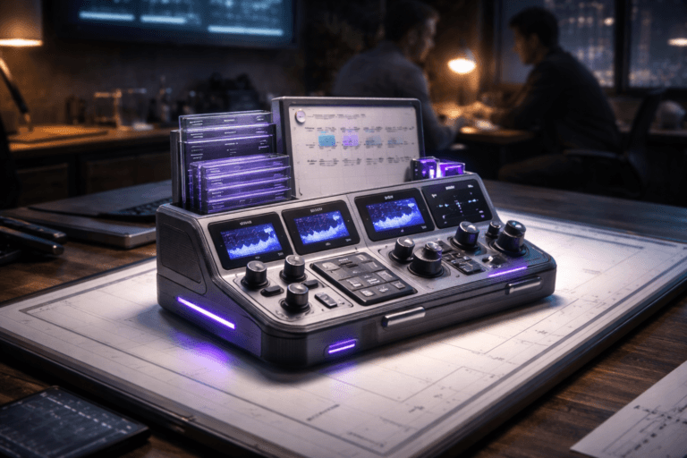 A photorealistic medium-wide cinematic shot, camera positioned approximately 1–2 meters from the subject, capturing a tangible isometric-inspired 3D-printed tactical control sculpture clearly readable within a realistic environment: a compact, physical "control module" that represents Tactical Marketing — handheld scale, instantly legible at 1–2 m, built from matte anodized metal and satin 3D-printed plastic, featuring tactile rotary dials, labeled toggle switches (legible by shape not text), three embedded micro-OLED screens showing abstract metric graphs (no readable text), stacked translucent data cards, a miniature fold-out war-room whiteboard and small engraved tokens for segments; finished with subtle integrated LED veins and accent lighting in Electric Purple (#7B63FF) indicating activity without overpowering realism. Set on an illuminated lightbox drafting table with a soft underglow (tracing-box style) inside a modern campaign war-room / creative studio optimized for a Tech‑Noir mood — low-key, lived-in corporate textures (concrete, dark wood), a desk lamp and wall monitor as practical light sources, faint city-night glow through a window. Natural human presence in the background or periphery: two diverse professionals in candid posture, neutral expressions, slightly blurred to keep the sculpture dominant, interacting with the room at arm’s length. Lighting is low-key and practical, complemented by a soft integrated white spotlight from above or the side, gently revealing form, texture, and depth; restrained neon accents and neutral corporate tones with subtle electric‑purple highlights. Camera: 35mm–50mm photographic look, medium-wide framing, natural shallow-to-medium depth of field, premium materials, tactile surface detail, realistic shadows and subsurface scattering, no text overlays or captions on screens, no watermarks, photorealistic, ultra-detailed, 8K.