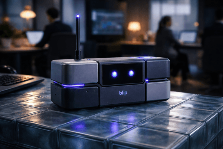 A photorealistic medium-wide cinematic shot, camera positioned approximately 1–2 meters from the subject, capturing a compact modular conversational tabletop device — a physically plausible "modular conversational robot" built from interlocking matte-anodized aluminum and soft-touch polymer blocks, with a realistic retractable antenna and a small integrated OLED status panel — including a realistically placed Blip logo on the device screen/chassis (small, matte, non-reflective, legible but not dominating the frame) clearly readable within a realistic environment. The object integrates subtle electric-purple accents (#7B63FF) as indicator LEDs and thin edge lighting to suggest intelligence/activity without overpowering realism. Set in a modern tech-noir product marketing workspace, the device sits on a translucent glass-brick surface that gently diffuses cool underlighting; background contains a lived-in corporate office with diverse professionals in candid, neutral-posture roles at desks, an analytics dashboard visible on a distant monitor, and a meeting table with a laptop and printed metrics. Lighting is low-key and practical — keyboard and monitor glow, a warm desk lamp, and distant city-window light — complemented by a soft integrated white spotlight from above or the side to reveal form, texture, and depth. Cinematic photographic realism with subtle Tech-Noir influence, 35mm/50mm cinematic look, medium-wide framing, natural shallow-to-medium depth of field, premium materials and ultra-detailed textures (soft polymer grain, brushed metal seams, diffused glass bricks), restrained neutral corporate palette with controlled neon accents, no captions, no text overlays, no watermarks, no floating or excessive logo glow. Cinematic realism, natural depth of field, premium materials, ultra-detailed, 8K.