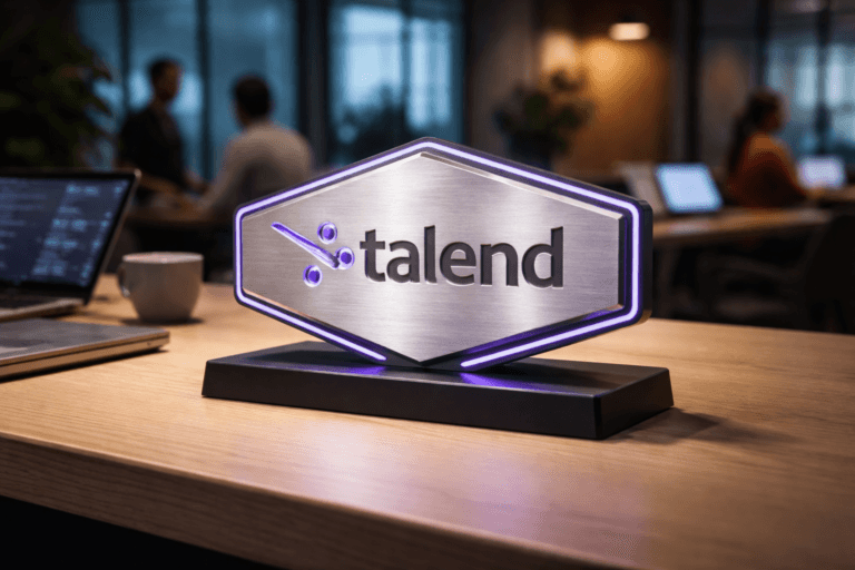 A photorealistic medium-wide cinematic shot, camera positioned approximately 1–2 meters from the subject, capturing a refined physical 3D isometric Talend emblem (brushed aluminum face, matte-anodized beveled edges, embossed official Talend logo inset with a subtle electric-purple enamel accent #7B63FF) clearly readable within a realistic environment. The emblem is a tangible object about 20–30 cm wide, mounted on a low-profile matte-black acrylic pedestal sitting on a light wood shared coworking bench; the emblem surface shows fine machining textures, realistic reflections and soft wear consistent with a real branded desk piece. The object integrates subtle electric-purple accents indicating intelligence or activity (thin inlaid enamel and restrained edge rim illumination) without overpowering realism. Set in a modern Tech‑Noir influenced coworking workspace (light-wood communal bench, laptops and tablets with realistic dashboards in the mid-background, glass partitions, potted plants, concrete and warm wood finishes), with natural human presence: 2–4 diverse professionals in business-casual clothing in the background or periphery, candid posture, neutral expressions, secondary to the main object. Lighting is low-key and practical — soft dusk ambient from a large window, multiple practical sources (laptop screens, a warm desk lamp), complemented by a soft integrated white spotlight from above and slightly to the side gently revealing form, texture, and depth; restrained electric-purple rim reflections on nearby surfaces tie into the accent color. Cinematic photographic realism: 35mm lens look, medium-wide framing, camera ~1.2–1.8 m from object, aperture f/2.8–f/4 for shallow-to-medium depth of field (sharp emblem, soft background bokeh), natural color grading with neutral corporate tones (soft grays, warm wood, matte blacks) and restrained neon accents (#7B63FF). Materials: premium metals, matte acrylic, natural wood grain, fingerprint‑resistant finishes, ultra-detailed microtexture. Composition: emblem as single dominant focal point slightly off-center (rule of thirds), pedestal grounded on bench with visible contextual props (closed laptop, ceramic coffee cup, notebook) that are subdued and not competing. Render photorealistic, ultra-detailed, 8K, no text overlays, no captions, no watermarks, no floating or unrealistic logo effects, logo placement realistic and proportional to the physical emblem, people not identifiable.