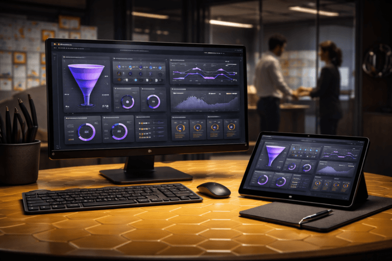 A photorealistic medium-wide cinematic shot, camera positioned approximately 1–2 meters from the subject, capturing a refined real-world hero object: a tactile recruitment operations setup — a high-end 12” touchscreen tablet and a thin 27” matte monitor arranged in a precise isometric composition, both displaying a harmonized 3D-isometric Talent Acquisition dashboard (modular tactile panels: pipeline funnel, stage event-timeline, recruiter scorecards, KPI dials, channel conversion tiles) rendered as physical-looking 3D interface tiles with subtle depth and bevels; the UI uses icons and abstract numeric glyphs only (no readable copy), and the devices sit on a synthetic yellow honeycomb tabletop (gloss-satin hexagonal cells) with premium materials — matte black aluminum, tempered glass, soft-touch silicone cable grommets, and a small leather-bound notebook and pen to ground scale and realism — the interface panels include restrained electric purple accents (#7B63FF) as thin edge-glows and tiny LED indicators to signal activity, integrated so they read as intelligence cues without appearing neon or fantastical. Set in a modern Talent Acquisition "war room" Tech-Noir environment: a lived-in corporate operations hub with glass partition, an executive wall-mounted dashboard in the distance, two diverse recruiters in business-casual in the background (candid, neutral expressions, slightly out of focus) collaborating at a standing console, sticky-note board and a rack of headsets to imply workflow. Lighting is low-key and practical: primary practical sources from the screens and a subtle LED strip, complemented by a soft integrated white spotlight from above and a side rim light to reveal texture and edge detail; electric-purple accents are subtle and localized. Camera: 35mm cinematic photographic look, medium-wide framing, f/2.8 shallow-to-medium depth of field, natural soft bokeh, low ISO, 1/125s equivalent, slight filmic contrast. Color palette: neutral corporate tones (charcoal, slate, warm greys) with a restrained warm yellow from the honeycomb surface and sparing electric purple accents. Style: cinematic photographic realism with a subtle Tech-Noir mood, ultra-detailed materials, tactile reflections, believable scale, natural human presence secondary to the object. Constraints: no readable text, no captions, no logos dominating the frame, no floating or glowing logos, no watermarks, no text overlays. Cinematic realism, natural depth of field, premium materials, ultra-detailed, 8K.