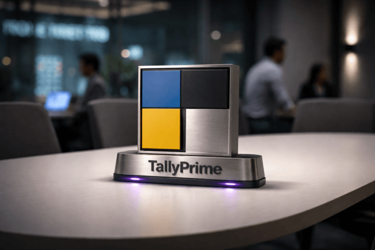 A photorealistic medium-wide cinematic shot, camera positioned approximately 1–2 meters from the subject, capturing a physical 3D isometric TallyPrime logo sculpture (official Tally logo rendered realistically) — a 25–30 cm desk-scale emblem fabricated from brushed matte aluminum and satin black acrylic with a precise embossed wordmark visible on the front face — placed centrally on a low-profile white oval conference table; the logo is clearly readable at this distance and includes a subtle electric purple (#7B63FF) edge inlay and low-intensity micro-LED activity indicators integrated into the base (realistic, contained, no floating glow). The object integrates subtle electric-purple accents indicating intelligence or activity without overpowering realism. Set in a modern corporate conference room — white oval table, ergonomic chairs softly out of focus in the background, floor-to-ceiling glass with a blurred urban nightscape beyond — optimized as a Tech‑Noir real-world environment with neutral corporate tones (charcoal, slate, warm gray) and restrained neon accents. Natural human presence: 2–3 diverse finance professionals in business-casual attire positioned in the periphery, candid posture, neutral expressions, deliberately secondary and blurred to maintain focus on the logo. Lighting is low-key and practical — soft overhead pendant and recessed fixtures, subtle reflections from a laptop/tablet screen, complemented by a soft integrated white spotlight from above/side to gently reveal form, texture, and depth; purple accents confined to inlay reflections and subtle rim light. Cinematic realism, natural shallow-to-medium depth of field, 35mm/50mm photographic look, medium-wide framing, premium materials (brushed metal, satin acrylic, matte lacquer), ultra-detailed, photorealistic, 8K. Constraints: no text overlays or captions, no watermarks, no floating or oversized glowing logos, realistic physical placement of the official logo, no identifiable real individuals.