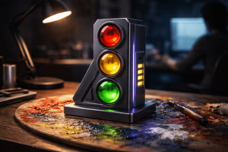 A photorealistic medium-wide cinematic shot, camera positioned approximately 1–2 meters from the subject, capturing a refined, real-world hero object: a tactile, physically plausible isometric-style tabletop sculpture representing "Task Success Rate" — a compact 30–40 cm matte anodized-aluminum sculpture with three vertically stacked polished glass lenses (red, yellow, green) arranged in a clean isometric geometry, integrated brushed-metal progress bars and subtle tactile knobs; the lights are real glass lenses (no floating or holographic elements) and are instantly readable at 1–2 meters, with no text or logos visible. The object integrates subtle electric-purple accents (thin LED seams and micro-rim light, hex #7B63FF) indicating activity without overpowering realism. Set in an optimized real-world Tech‑Noir creative studio: the sculpture sits on a large wooden artist's palette heavily smeared with thick oil paints (cadmium red, cadmium yellow, ultramarine) on a worn oak desk, with a modern adjustable task lamp to one side and a laptop in the background casting a soft cool fill (screen deliberately blurred to avoid readable text). Natural human presence appears in the periphery — a designer’s diverse hands blurred in shallow focus adjusting a palette knife and a second professional silhouette further back — secondary to the sculpture. Lighting is low-key and practical: warm lamp key from the side, cool ambient from the laptop, a soft integrated white spotlight from above/side to gently reveal form, texture and depth, plus a controlled electric‑purple rim/light accent. Visual style: cinematic photographic realism with subtle Tech‑Noir influence, neutral corporate palette (warm greys, matte blacks, natural wood) with restrained neon accents and painterly oil color pops. Camera & framing: medium‑wide composition, 35mm photographic look, camera ~1.5 m from subject, shallow-to-medium depth of field with focal plane on the sculpture’s front lens, natural bokeh on background hands and studio elements. Materials and finish: premium metals, polished glass, tactile paint texture on the palette, ultra-detailed surface microstructure. Level of realism: photorealistic, true-to-life scale and weight, no surreal elements. Constraints: no captions, no visible text overlays, no watermarks, no floating logos or glowing text. Cinematic realism, natural depth of field, premium materials, ultra-detailed, 8K.