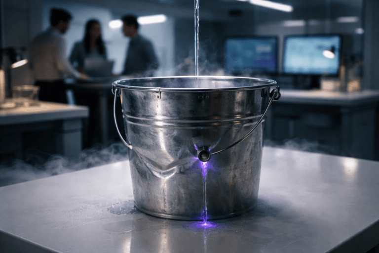 A photorealistic medium-wide cinematic shot, camera positioned approximately 1–2 meters from the subject, capturing a dented industrial stainless‑steel bucket with a clear puncture hole on its side, leaking a slow, glistening stream of liquid while a steady thin stream of water pours into it from above; the liquid is realistic water with subtle electric purple (#7B63FF) rim highlights and faint internal glow to suggest intelligence/activity without appearing supernatural, metal surface shows accurate reflections, scratches, and condensation, bucket is instantly recognizable and readable at 1–2 meters. The object sits on a smooth, white lab‑grade countertop in a modern corporate experimentation lab / product cockpit — a believable real‑world scene with low‑lying dry‑ice vapor pooling subtly around the bucket base and blurred background activity: three diverse professionals in business‑casual dress collaborating at a standing desk and laptop screens (generic dashboard visuals only) that act as practical light sources. Lighting is low‑key and cinematic: practical screen and desk lamp accents, soft integrated white spotlight from above and slightly to the side gently revealing form, plus restrained electric‑purple accent reflections on metal and liquid. Style: cinematic photographic realism with subtle Tech‑Noir influence, neutral corporate palette with restrained neon accents, 35mm–50mm photographic look, medium‑wide framing, natural shallow‑to‑medium depth of field, realistic human presence secondary to the bucket, premium materials and textures, no text, no captions, no watermarks. Cinematic realism, natural depth of field, premium materials, ultra‑detailed, 8K.