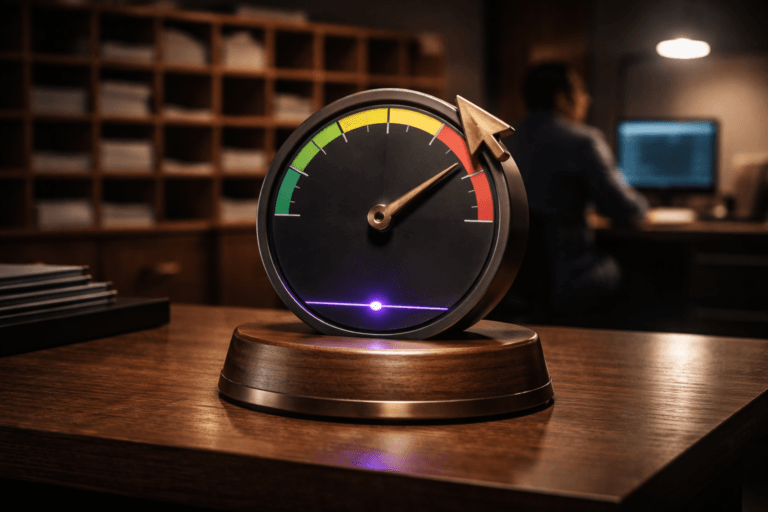 A photorealistic medium-wide cinematic shot, camera positioned approximately 1–2 meters from the subject, capturing a refined real-world hero object: a tactile desk sculpture that concretely represents "Click-Through Rate" — a weighted walnut base supporting a brushed-matte black circular analog gauge (clear tick marks and segmented color arc in muted green→amber→red) with a polished chrome needle and an integrated, physically plausible bronze mouse-cursor silhouette perched at the gauge's rim; a tiny recessed indicator LED and thin fiber-optic accent glow in electric purple #7B63FF to indicate activity (no numeric text on the face, only tick marks and color segments). The sculpture is crafted from premium materials (walnut, brushed aluminum, matte black metal, warm bronze) and designed to be immediately readable from 1–2 meters. Set in a lived-in tech-noir–infused mail-sorting workspace: a wooden mail-sorting table in the foreground with visible pigeonhole cubbies of warm oak in the background, a single postal worker (diverse, candid posture) slightly out of focus sorting envelopes at the periphery, and a modern desk lamp and a dim terminal screen providing practical light sources. Lighting is low-key and cinematic with warm lamp pools and cool ambient fill, complemented by a soft integrated white spotlight from above/side that sculpts form and texture; restrained neon accents in electric purple (#7B63FF) subtly highlight seams and the LED without overpowering realism. Composition: medium-wide frame, 35mm photographic look, shallow-to-medium depth of field (subject sharp, background softly blurred), camera ~1.8 meters from subject, eye-level to slightly elevated angle, strong subject hierarchy with sculpture dominant and humans secondary. Color palette: neutral corporate tones (warm wood, charcoal, brushed metal) with controlled electric-purple accents and soft amber practical lights. Style: cinematic photographic realism with subtle Tech-Noir influence, ultra-detailed materials and microtextures, natural skin tones on background figures, realistic reflections and soft shadow falloff, ultra-high resolution, 8K. Constraints: no text on the scene, no captions, no watermarks, no floating logos, photorealistic output suitable for marketing and corporate use.