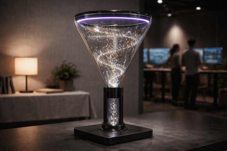 A photorealistic medium-wide cinematic shot, camera positioned approximately 1–2 meters from the subject, capturing a refined, real-world glass conversion funnel (desk-scale, 40–60 cm tall) as the dominant focal point: a clear, high-quality borosilicate glass funnel mounted on a matte black machined-steel stand, inside which tiny, realistic particles (micro glass beads and paper confetti) descend in a controlled spiral flow; particles are mostly muted cyan and amber with restrained electric-purple accents (hex #7B63FF) integrated into a few beads and a thin inner-rim LED ring to indicate activity — all elements physically plausible and instantly readable from 1–2 m. The object integrates subtle electric-purple accents indicating intelligence or activity without overpowering realism. Set in a modern Tech‑Noir performance room: a lived-in corporate analytics studio with a raw natural linen weave wall panel and a matching linen-clothed side table immediately behind the funnel, soft monitors with dashboard UIs (no readable text) and a small team of diverse, professional people in the background working at standing desks and monitors (natural, candid posture, neutral expressions, clearly secondary). Lighting is low-key and practical — diffused overhead room lighting, practical LEDs from the monitors, a warm desk lamp to one side, and a soft integrated white spotlight from above-left gently revealing the glass form, texture, and the spiral of particles; subtle purple rim light from the inner LED accentuates the Tech‑Noir mood without neon overpower. Cinematic photographic realism: 35mm/50mm lens look, medium-wide framing, shallow-to-medium depth of field (f/2.8–f/4), slight motion blur on a few descending beads to imply movement, natural filmic grain, premium materials, ultra-detailed surface reflections, realistic specular highlights, neutral corporate color palette with restrained electric‑purple #7B63FF accents, high contrast but balanced shadows. Composition: funnel centered slightly left of frame, background activity visible but softly blurred, clean negative space on the right for visual breathing. No captions, no text, no watermarks, photorealistic, ultra-detailed, 8K.